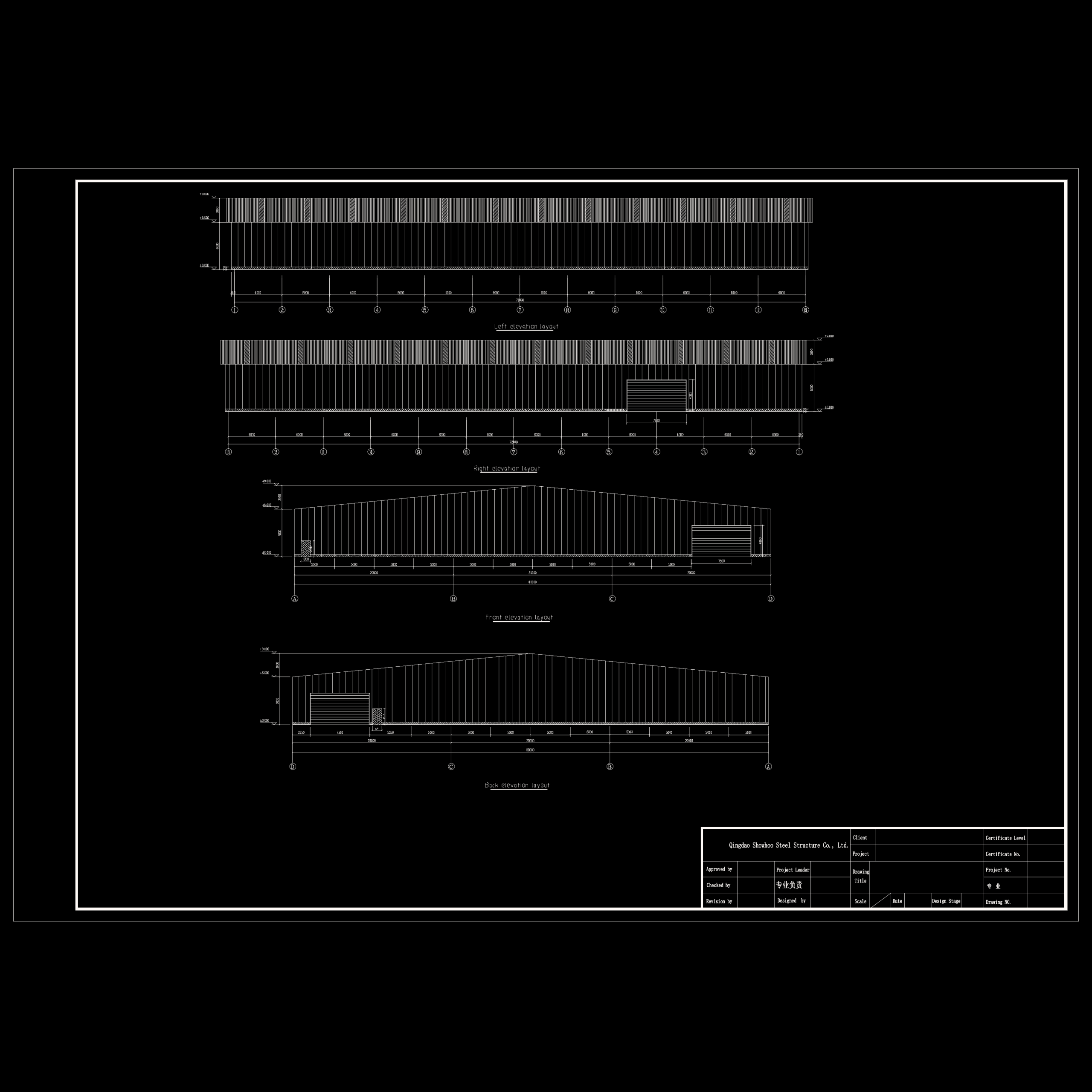Steel structure building elevation drawing showing front, back, left and right wall panel and opening layouts.