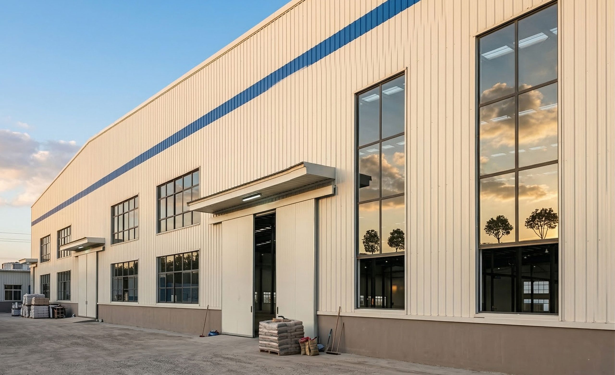 Steel structure building exterior with large industrial doors, tall windows, metal wall cladding, and entrance canopies.