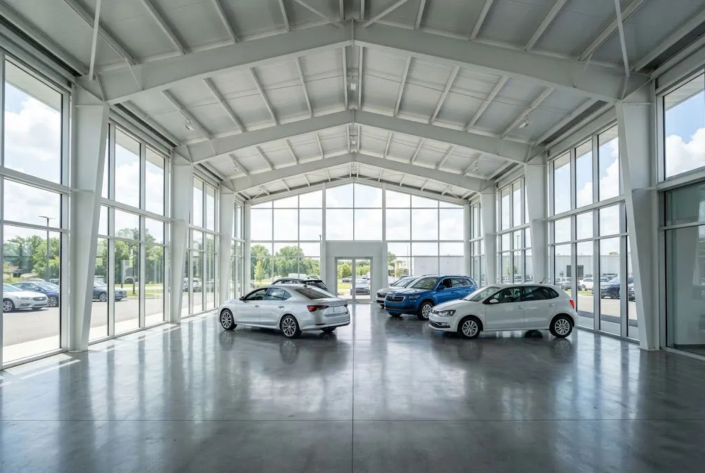 Steel structure car showroom interior with glass facade, large open display area and modern commercial vehicle exhibition layout