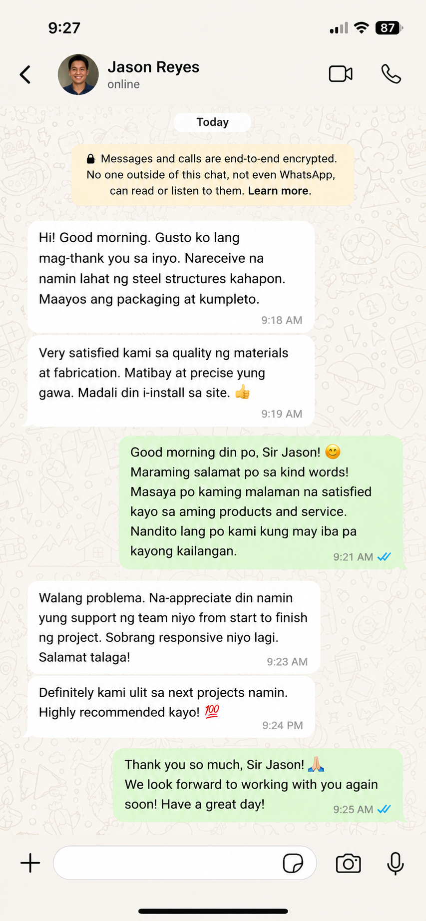 WhatsApp review from a Philippine client praising steel structure chicken house materials, packaging, and project support.