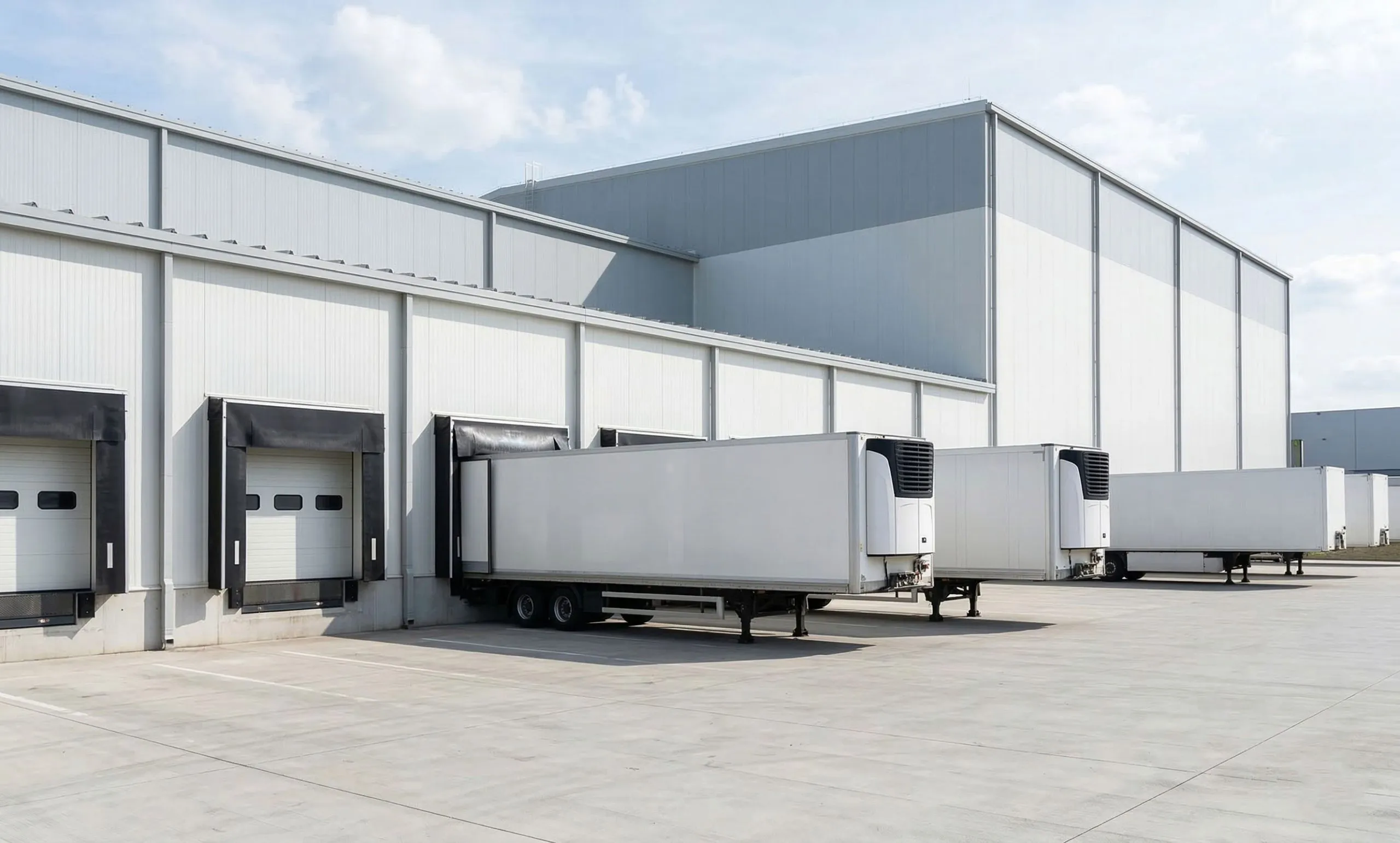 Refrigerated trailers at loading docks outside a steel structure cold storage building.