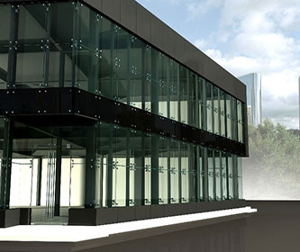 Two-storey steel structure commercial building with a glass curtain wall, exposed steel columns, and a modern corner entrance.