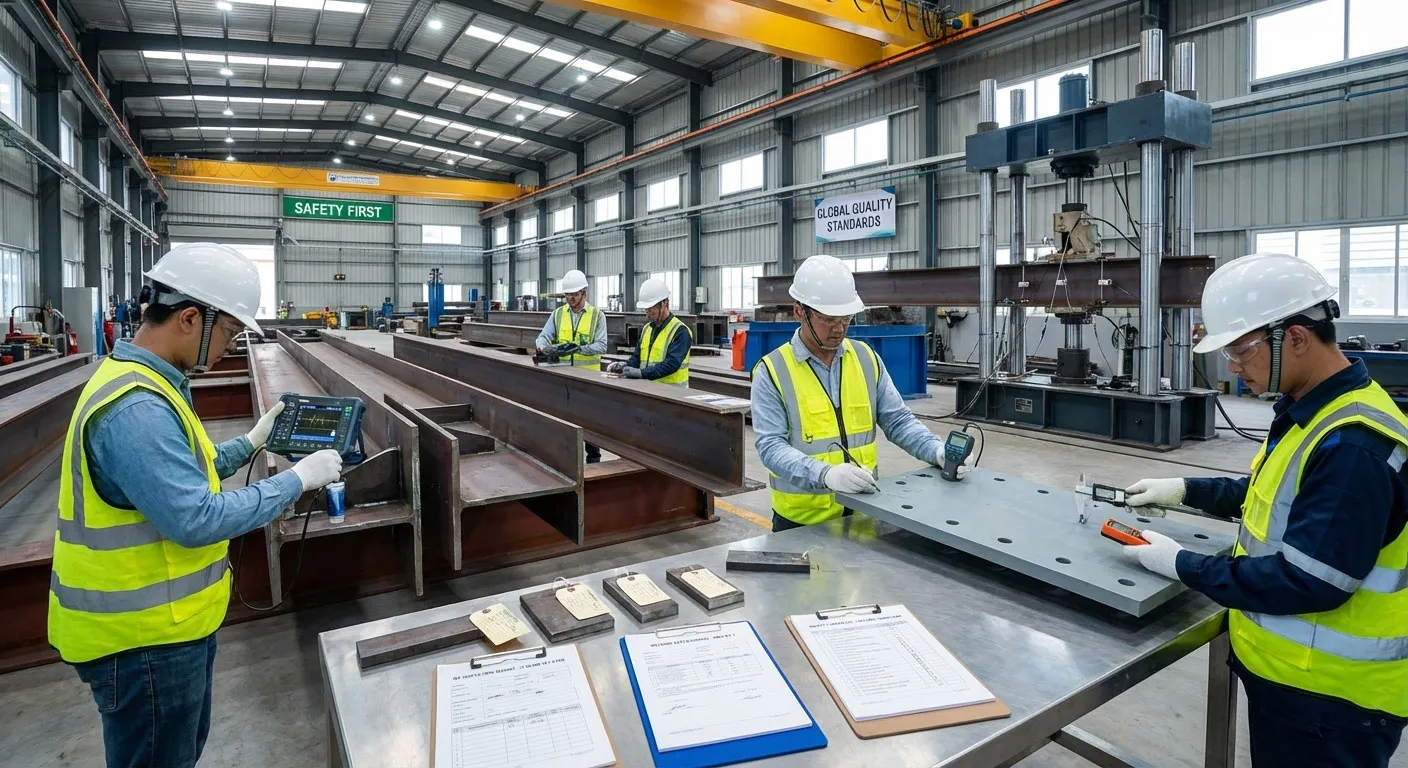 Quality inspectors checking steel beams, connection plates, and fabrication accuracy for high-quality steel structure building production.