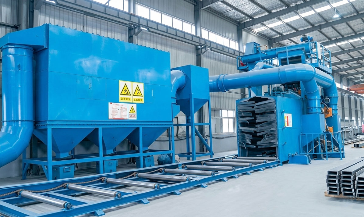 Roller-conveyor shot blasting machine cleaning fabricated steel components before painting in a steel structure workshop.