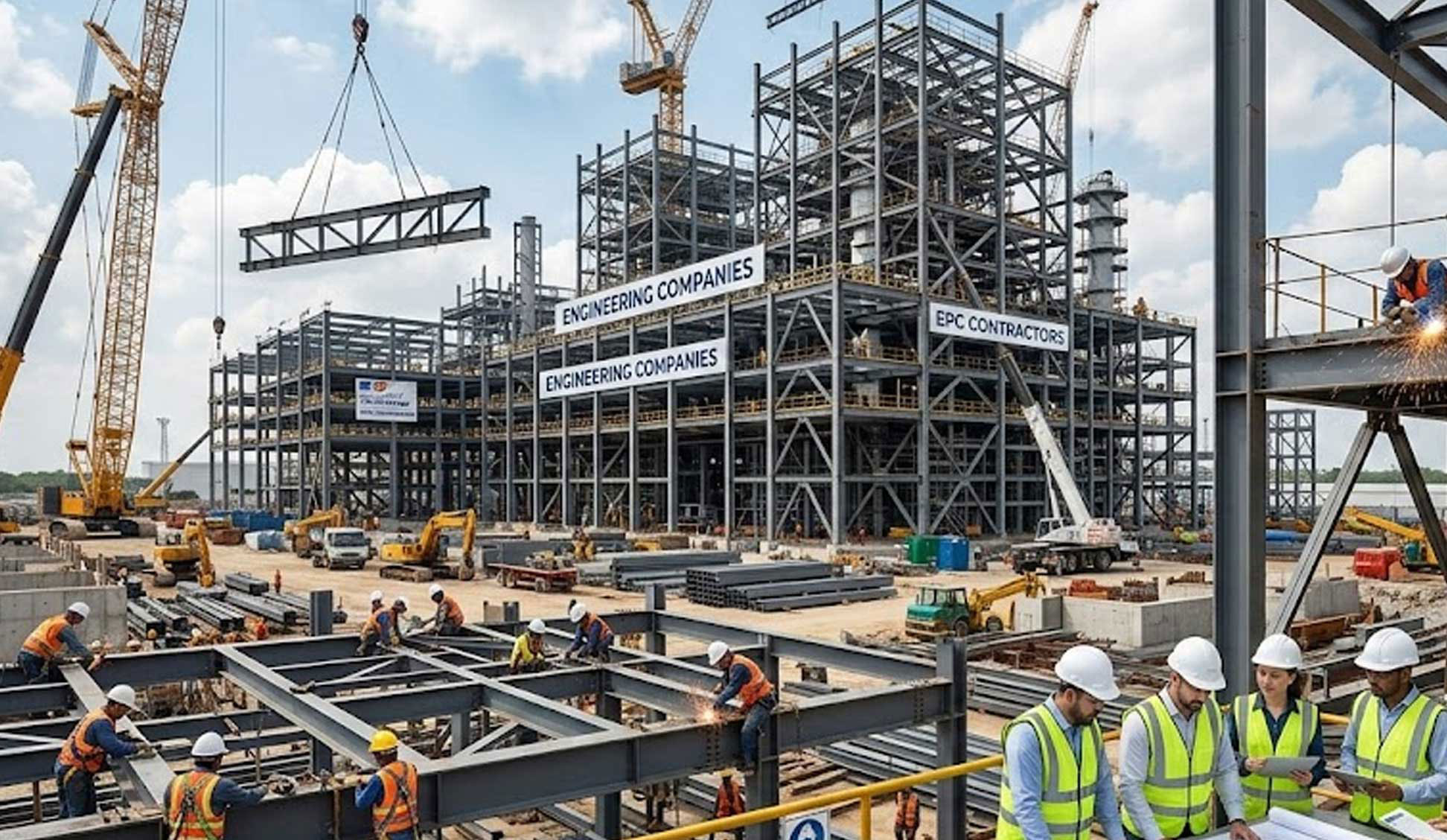 EPC contractors and engineering teams supervising steel frame erection, lifting, and welding at an industrial construction site.