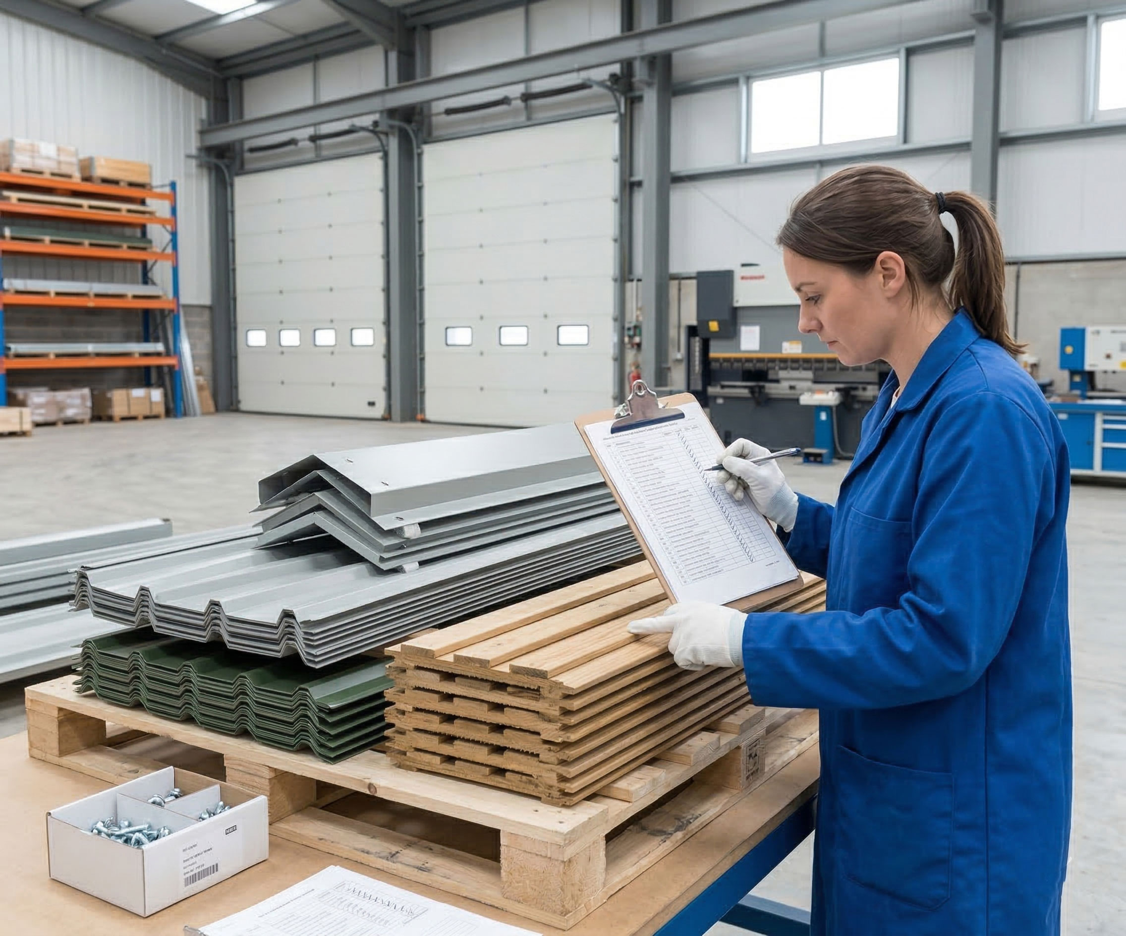 Steel structure cow shed components inspection with metal roof panels, wall sheets, fasteners, wooden packing materials, and factory quality checklist before shipment.