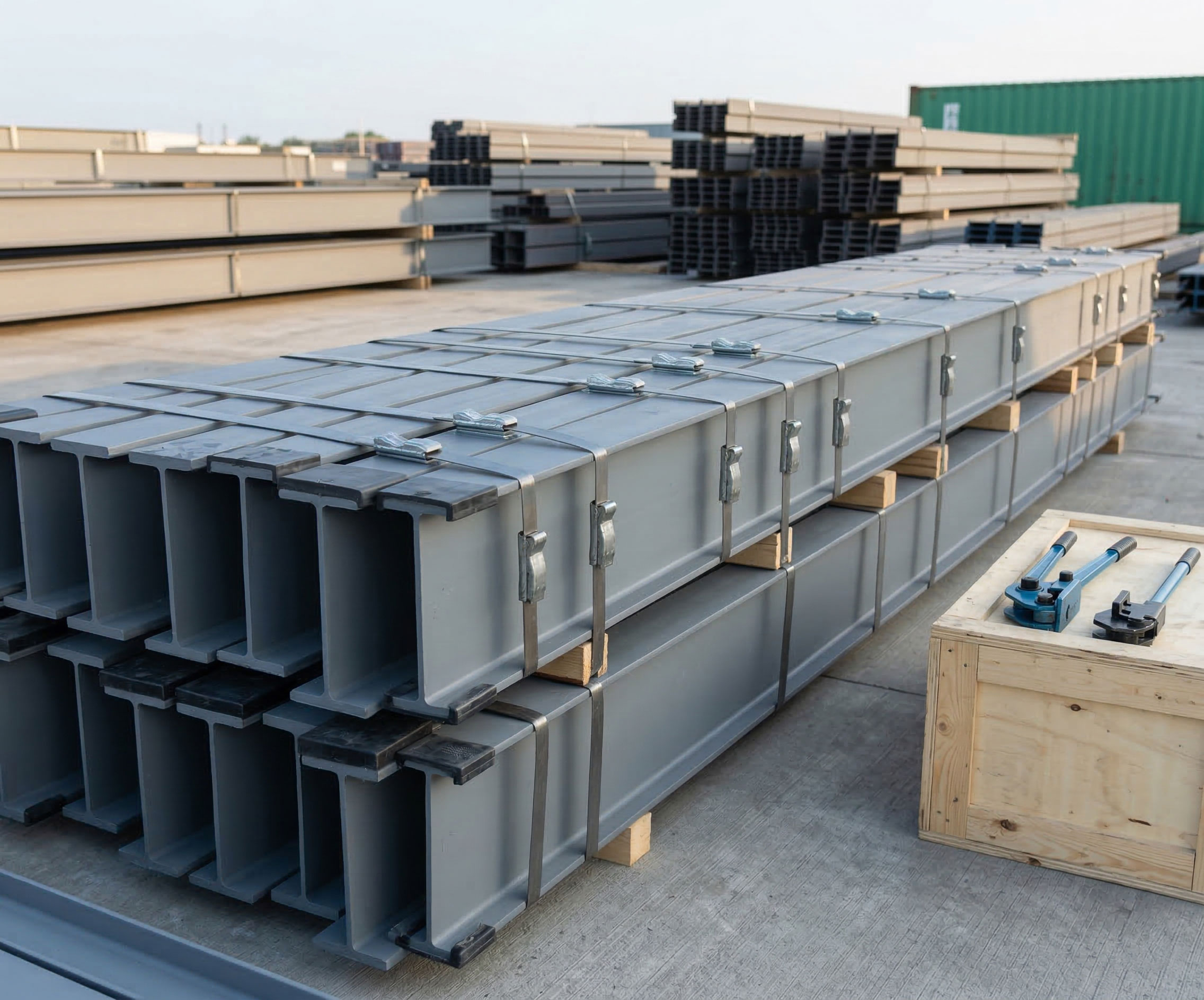 Steel structure cow shed components packed with H-section steel beams, steel straps, wooden blocks, and accessory crates for export shipment.
