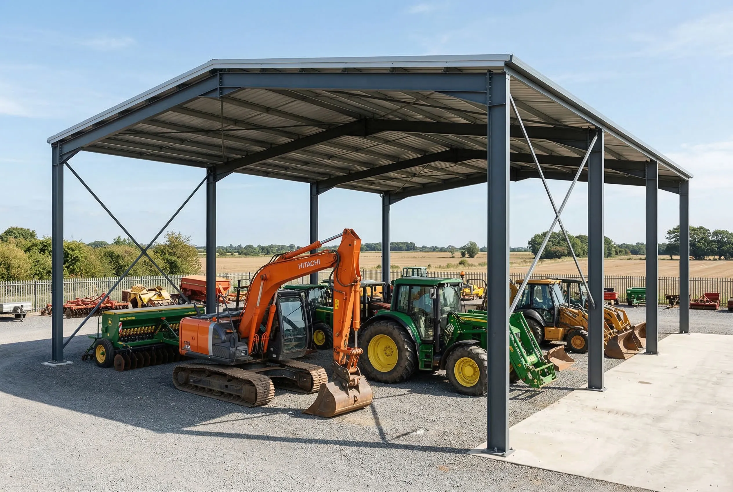 Steel structure equipment showroom with open-side design for agricultural machinery display and protected outdoor exhibition space