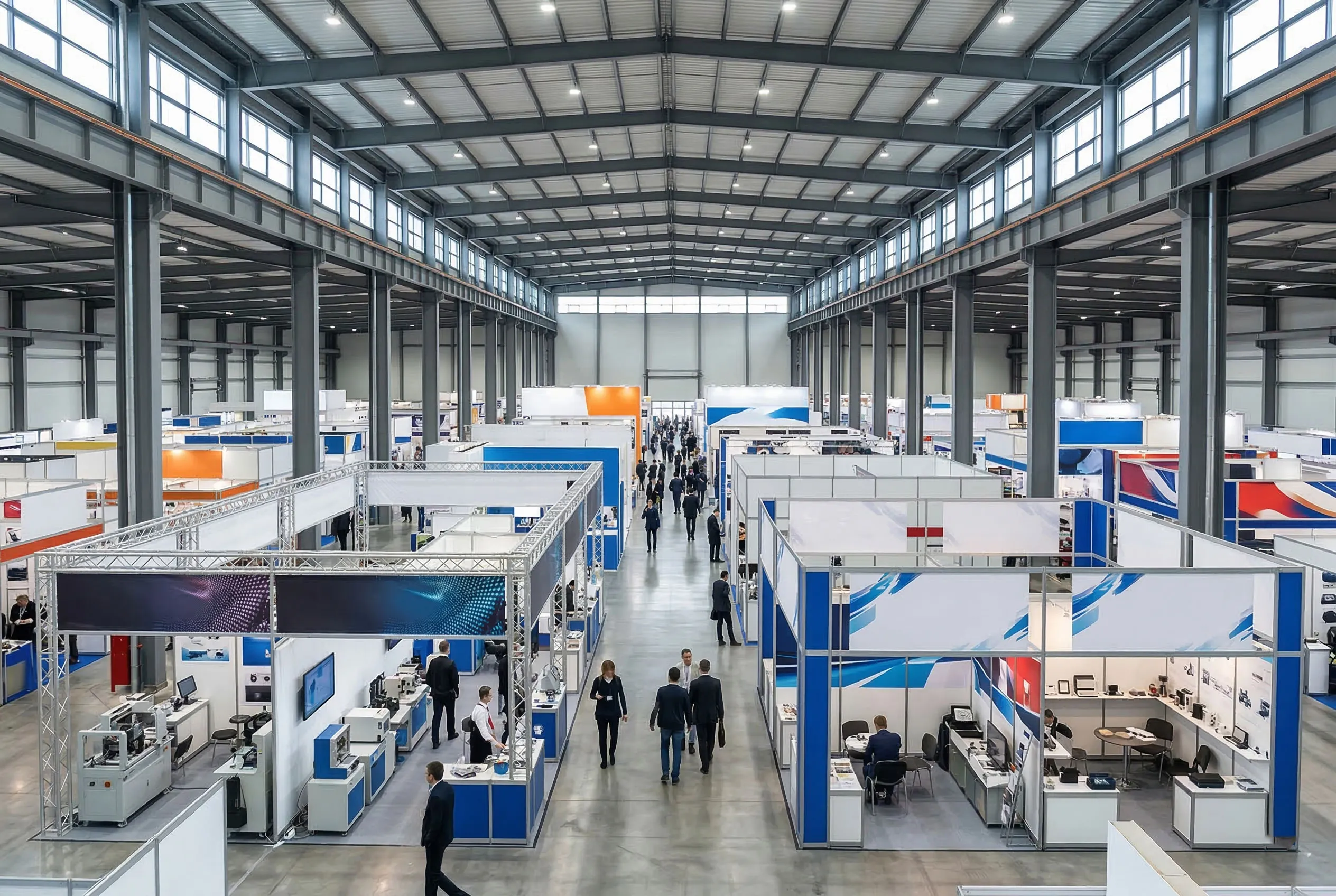 Steel structure exhibition hall with large-span interior space, exhibition booths and commercial display areas for trade events