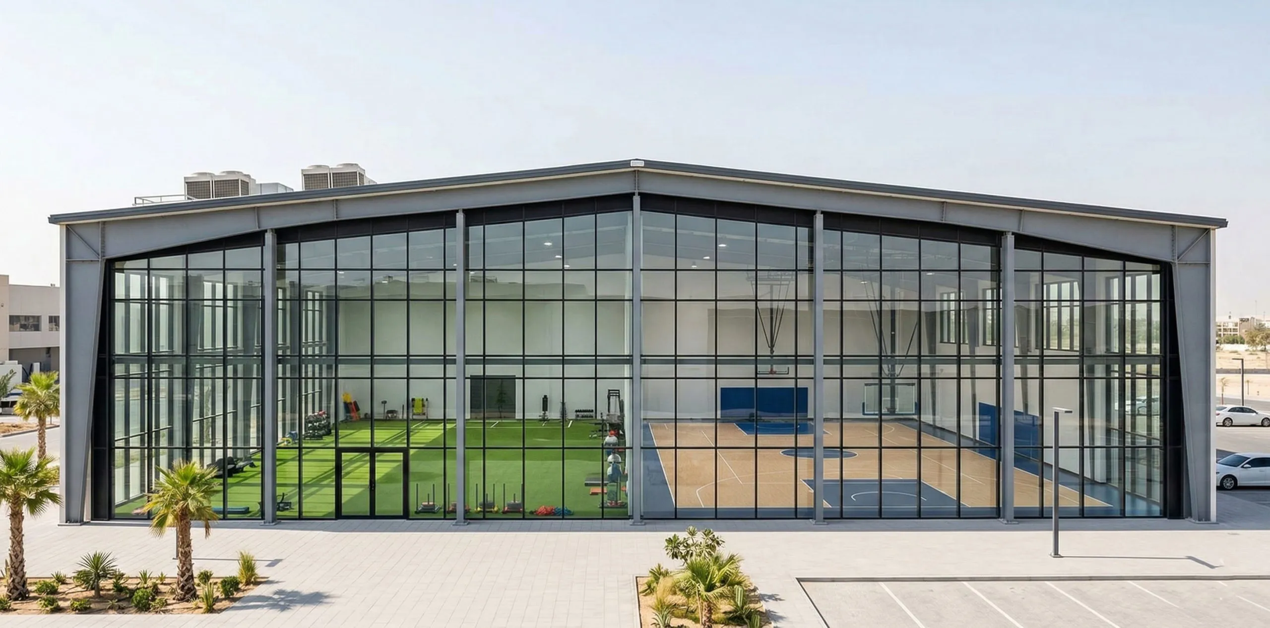 Steel structure gym building featuring a modern glass facade and spacious indoor sports facility.