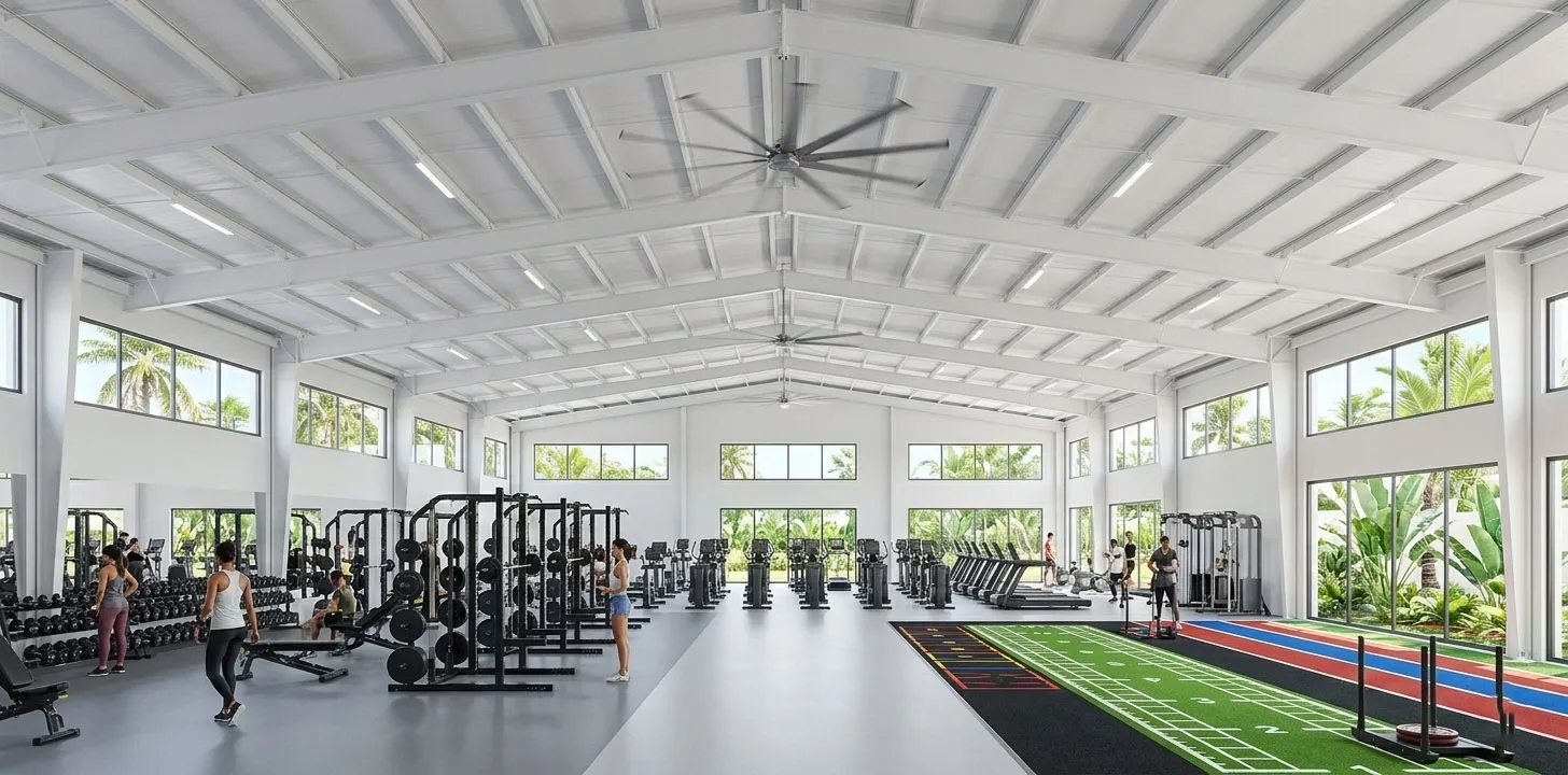 Steel structure gym interior with open training space, fitness equipment areas and bright natural lighting.