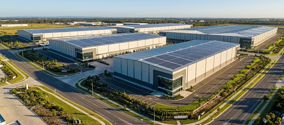 Aerial view of a steel structure industrial complex with large halls, rooftop solar panels, roads, and landscaping.