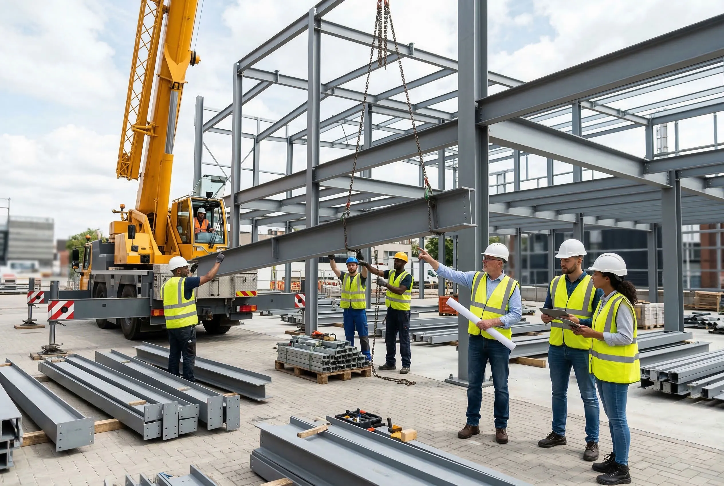 Steel structure office building installation with crane lifting a beam, workers positioning the frame and engineers supervising on-site assembly for a custom office project.