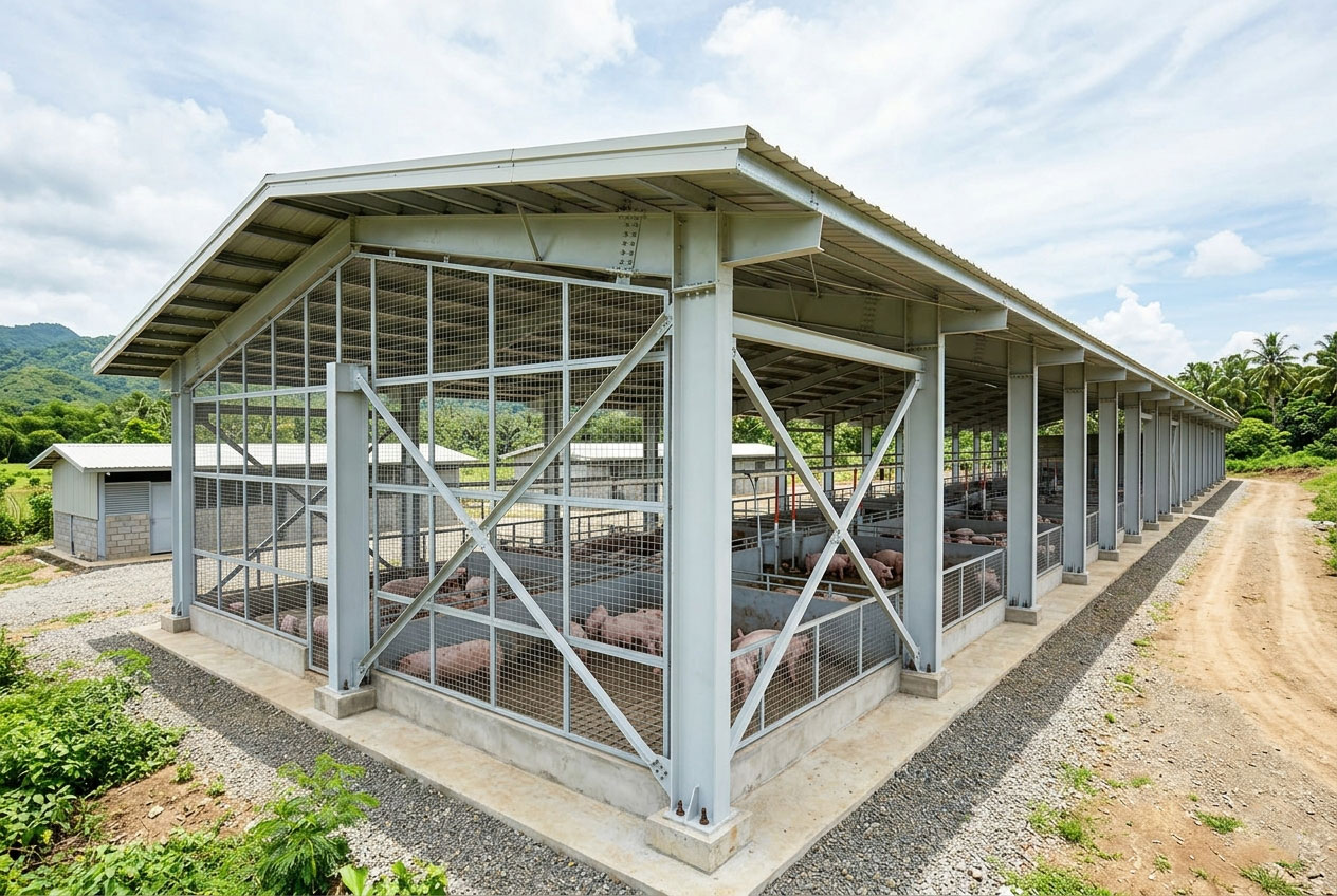 Exterior view of an open-sided steel structure pig shed with steel columns, roof overhang, wire mesh wall panels, X bracing, concrete base, and naturally ventilated pig pens.