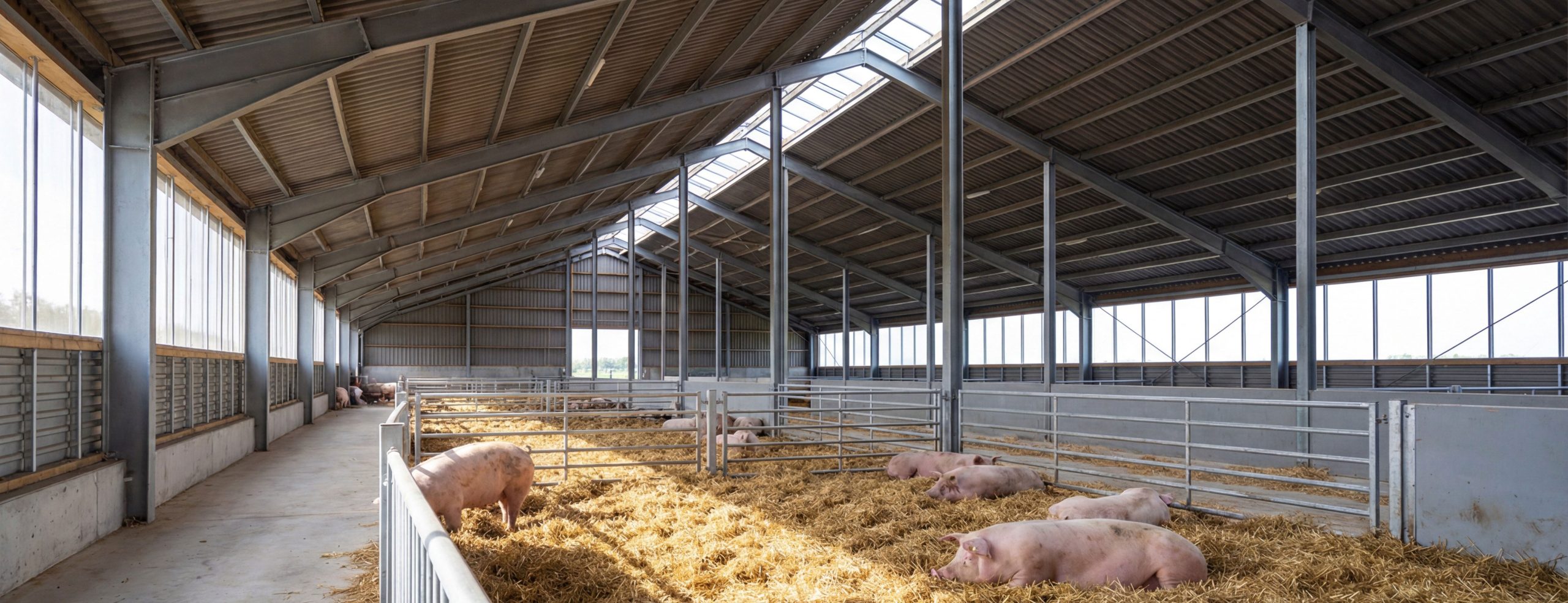 Interior of a steel structure pig shed with galvanized columns, roof purlins, skylight ventilation, sidewall openings, and pig pens for commercial swine housing.