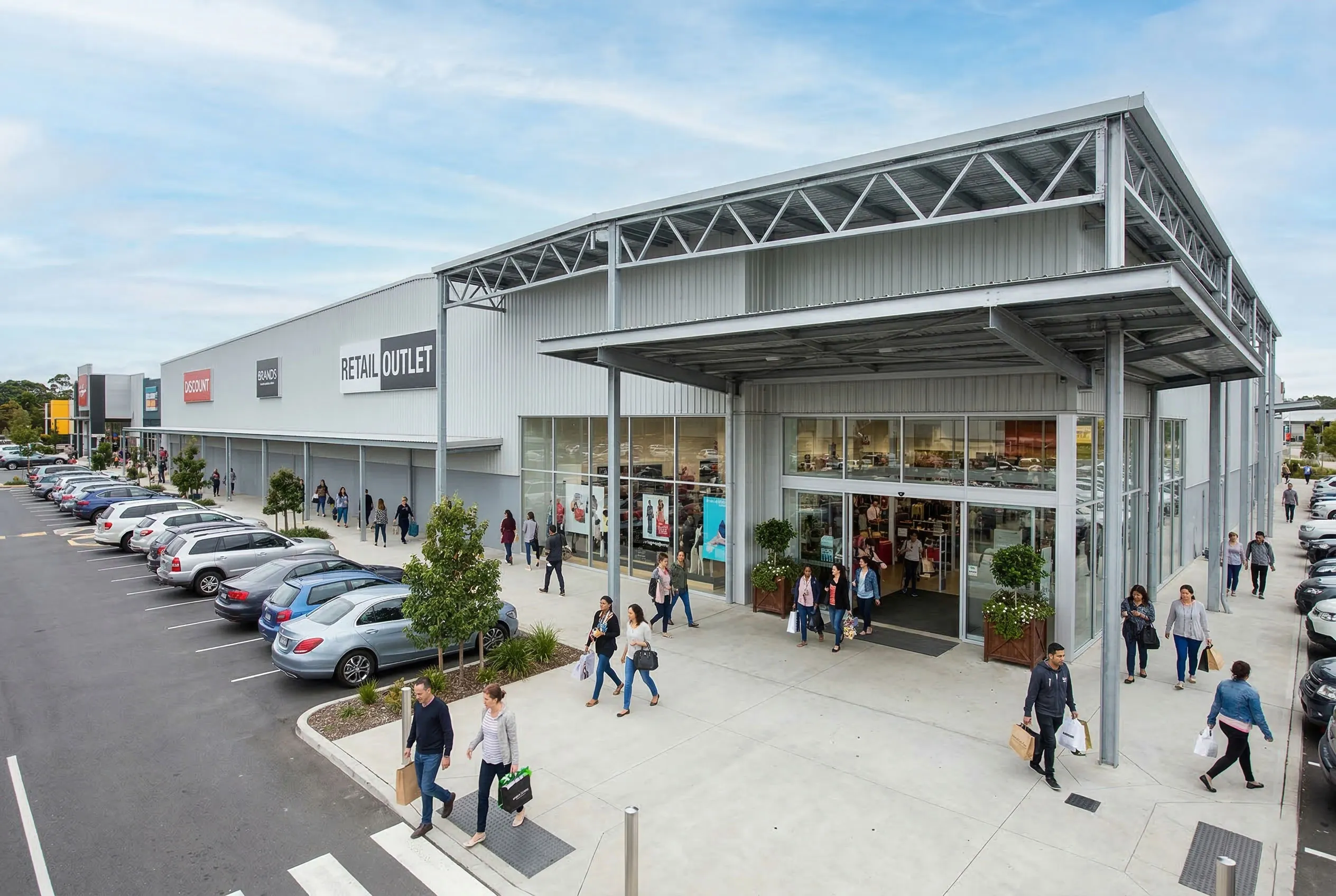 Steel structure retail showroom building with glass storefront facade, customer entrance and commercial display space design