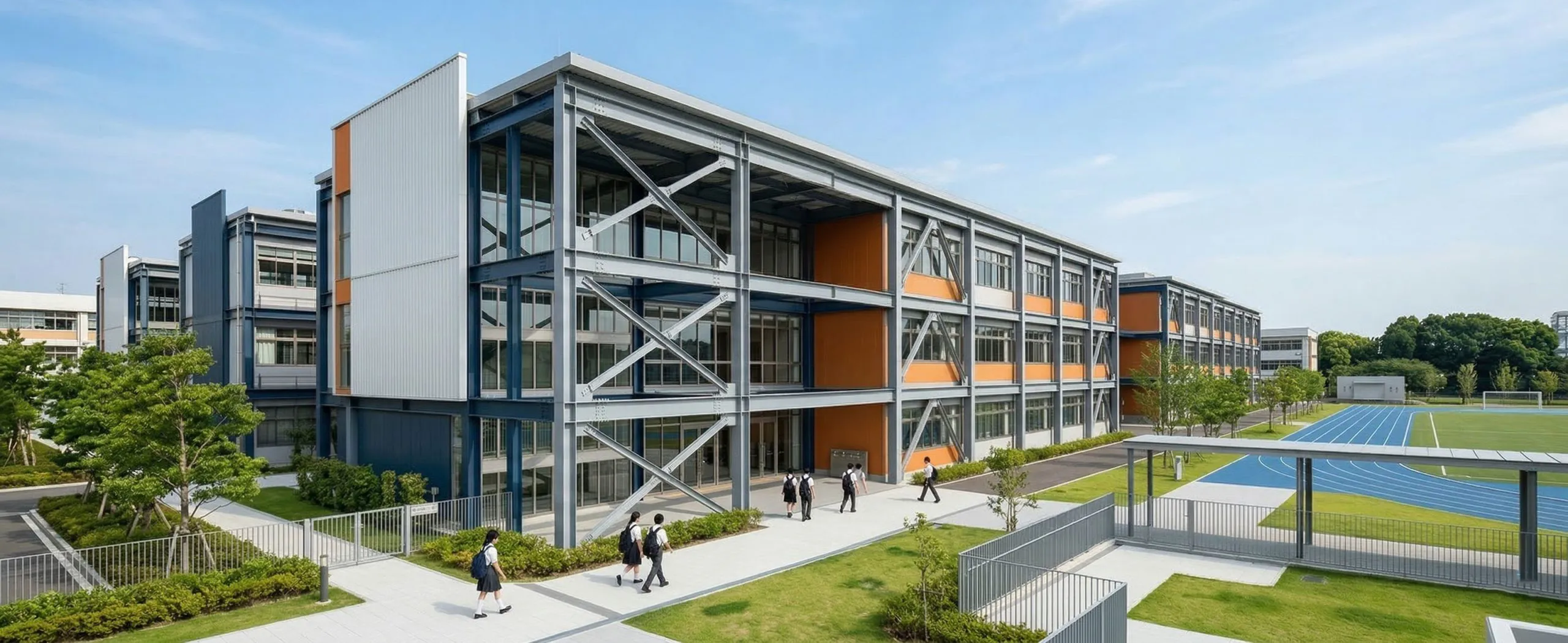 Steel structure school building exterior with exposed steel columns, X-bracing, multi-story classroom blocks, student walkways, and a campus sports field.