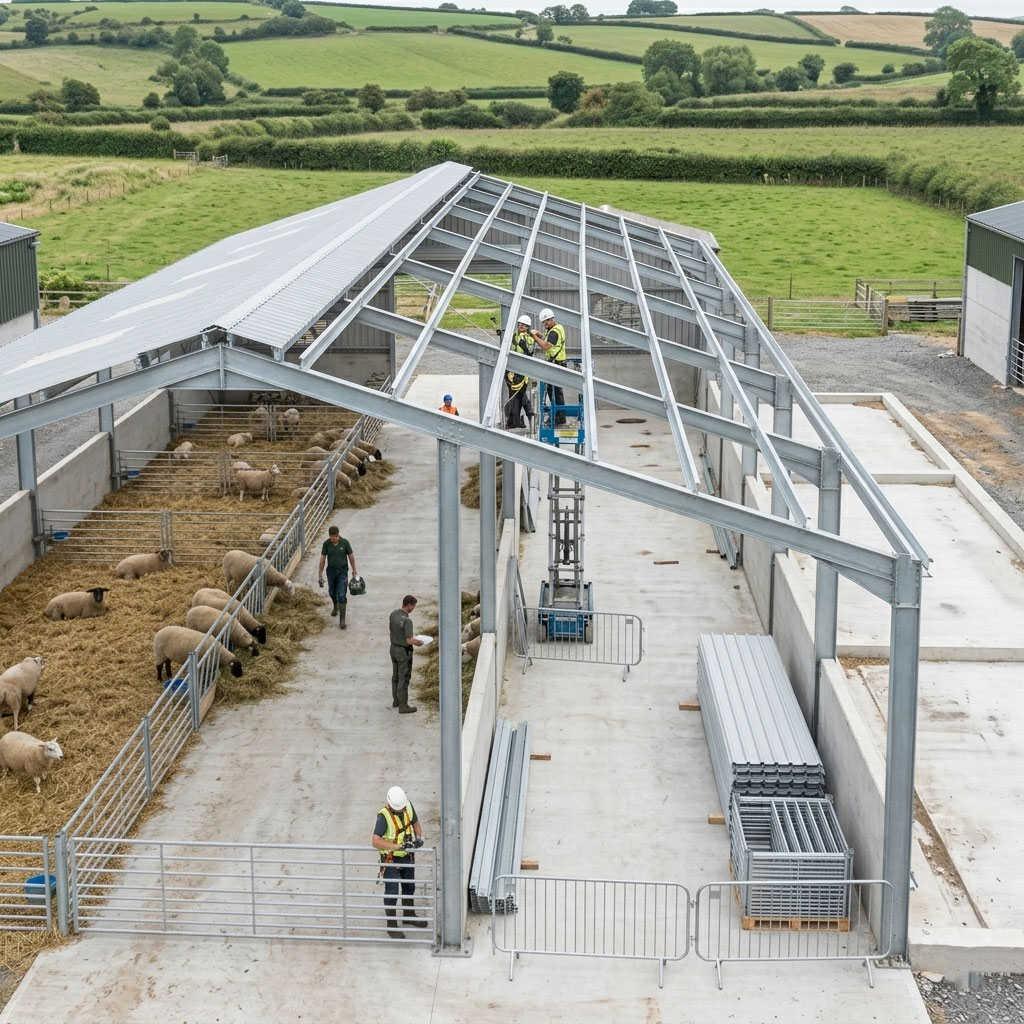 Steel structure sheep shed under roof installation with galvanized steel frame, roof purlins, metal panels, livestock pens, and sheep housing area.