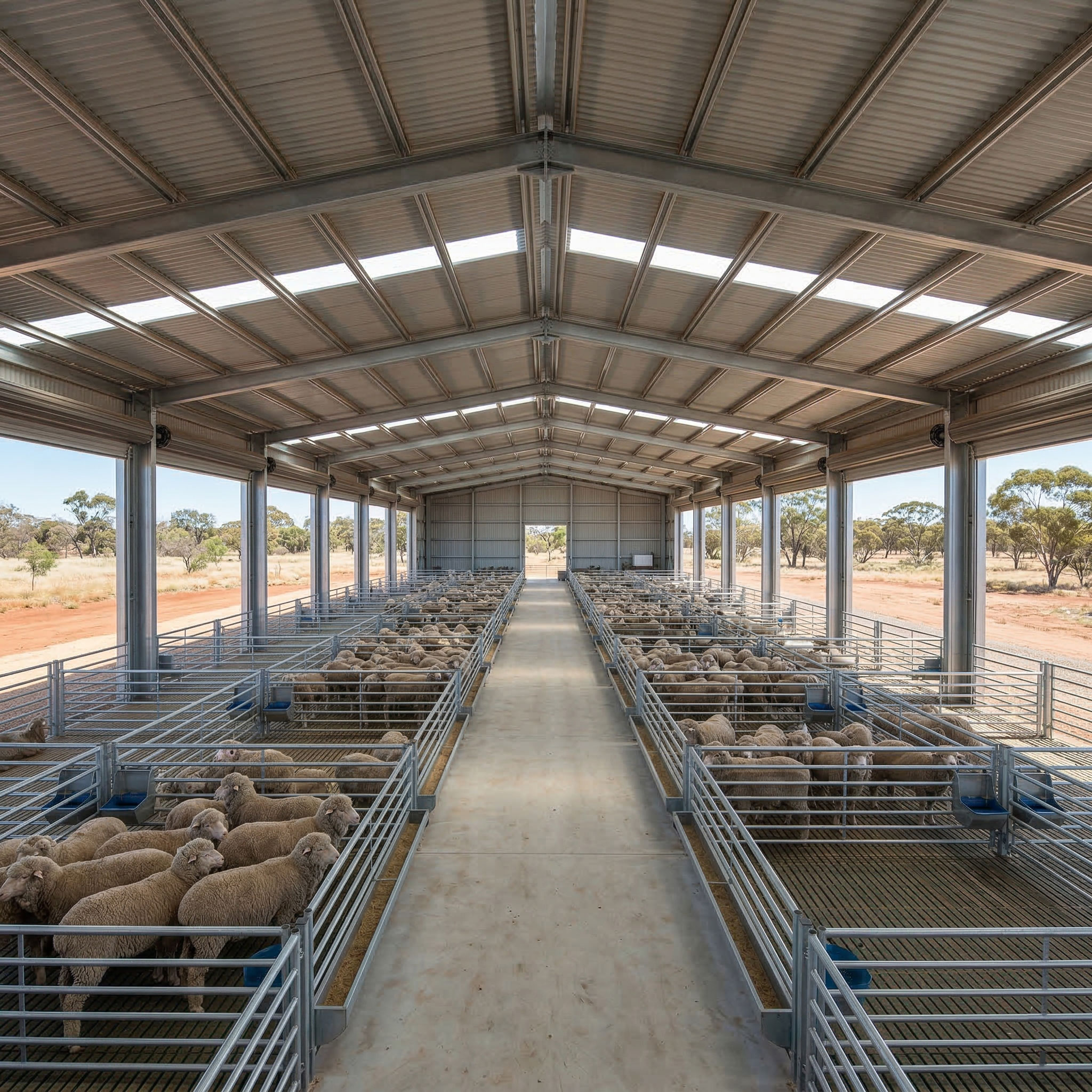 Sheep shed design with galvanized steel frame, roof skylights, open sidewalls, center passage, divided sheep pens, and slatted floor for farm management.
