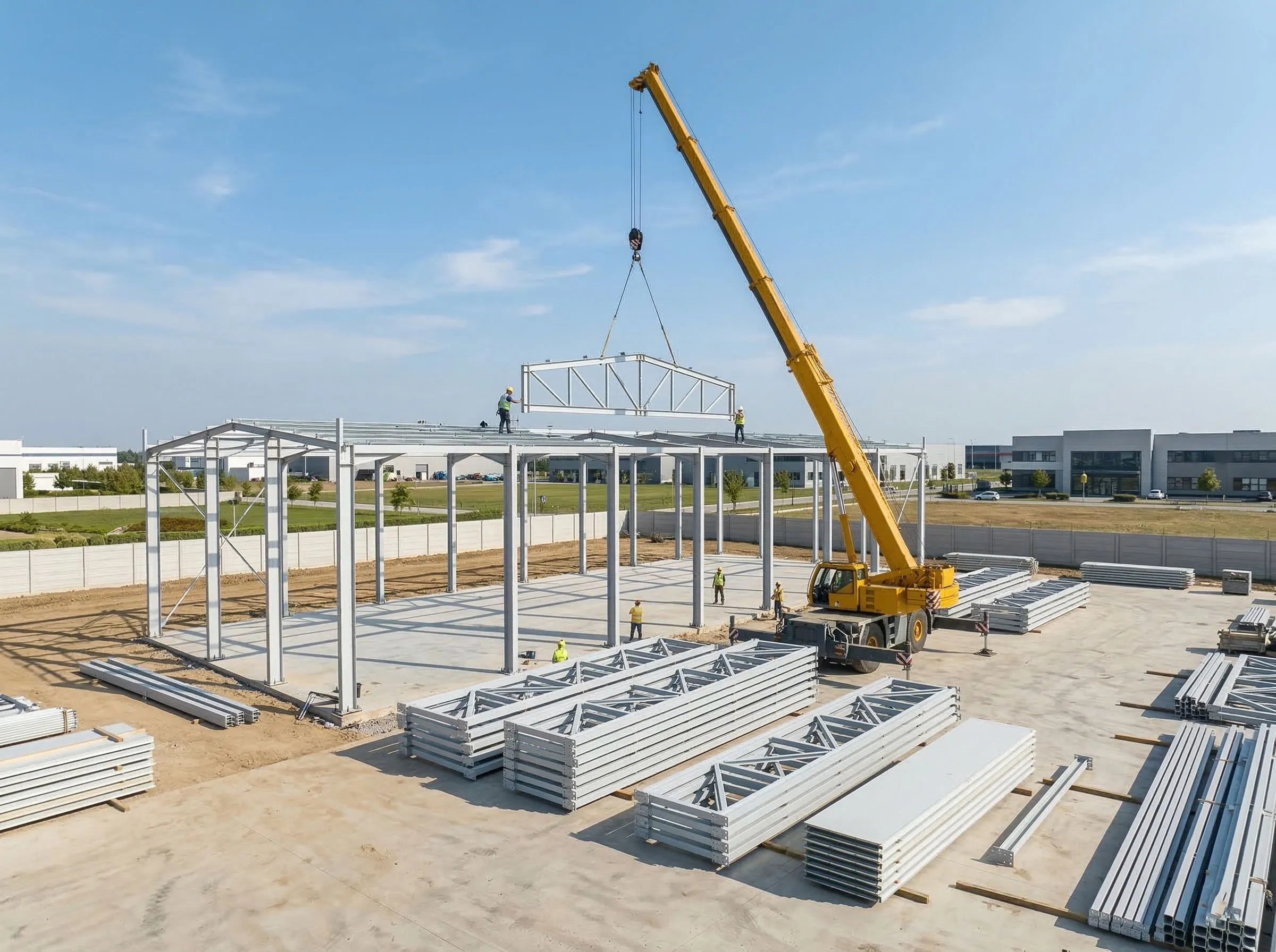 Shopping mall construction with crane lifting steel truss beams for a prefabricated retail building