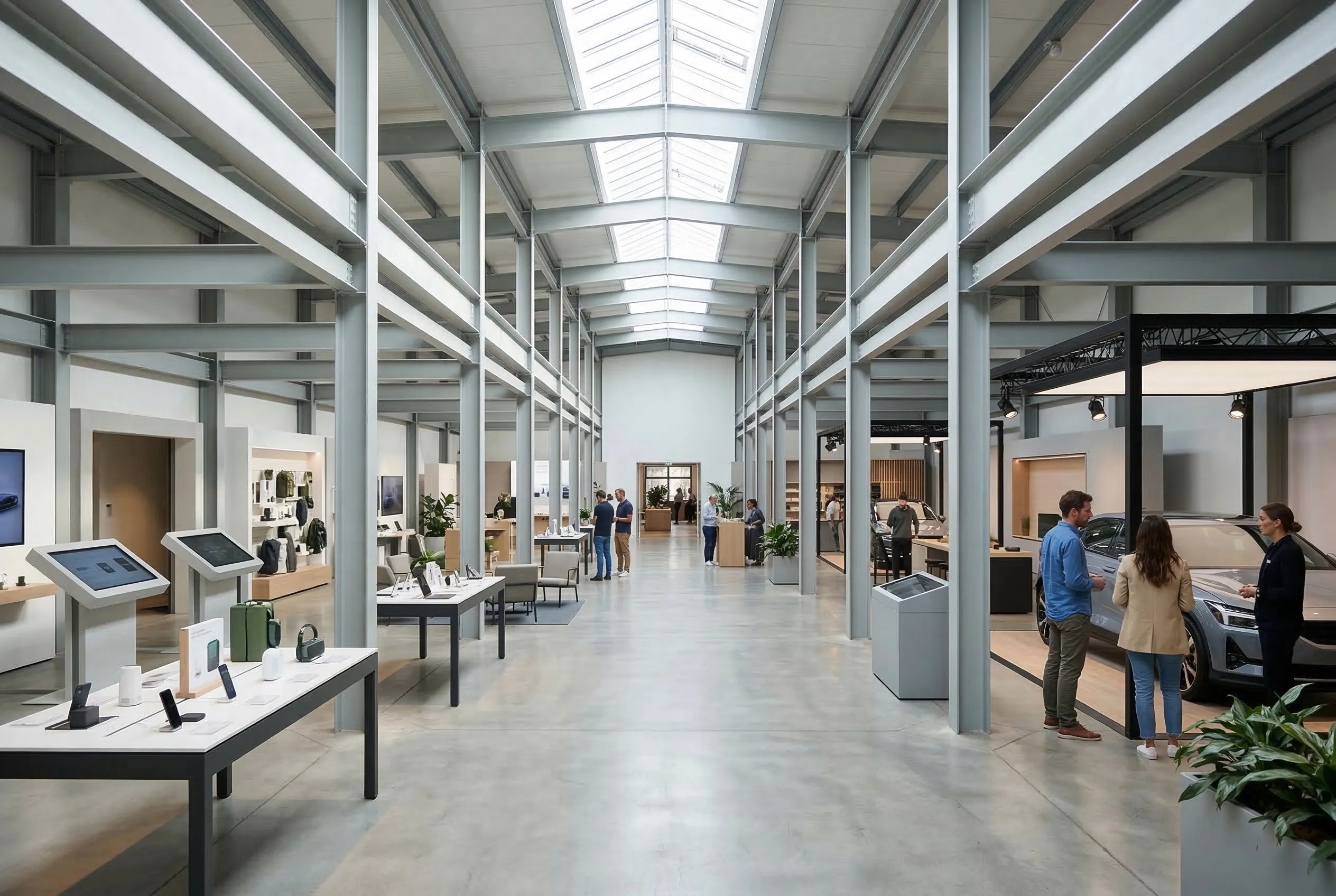 Steel structure showroom interior with skylight roof, product display areas and open exhibition layout for commercial presentation