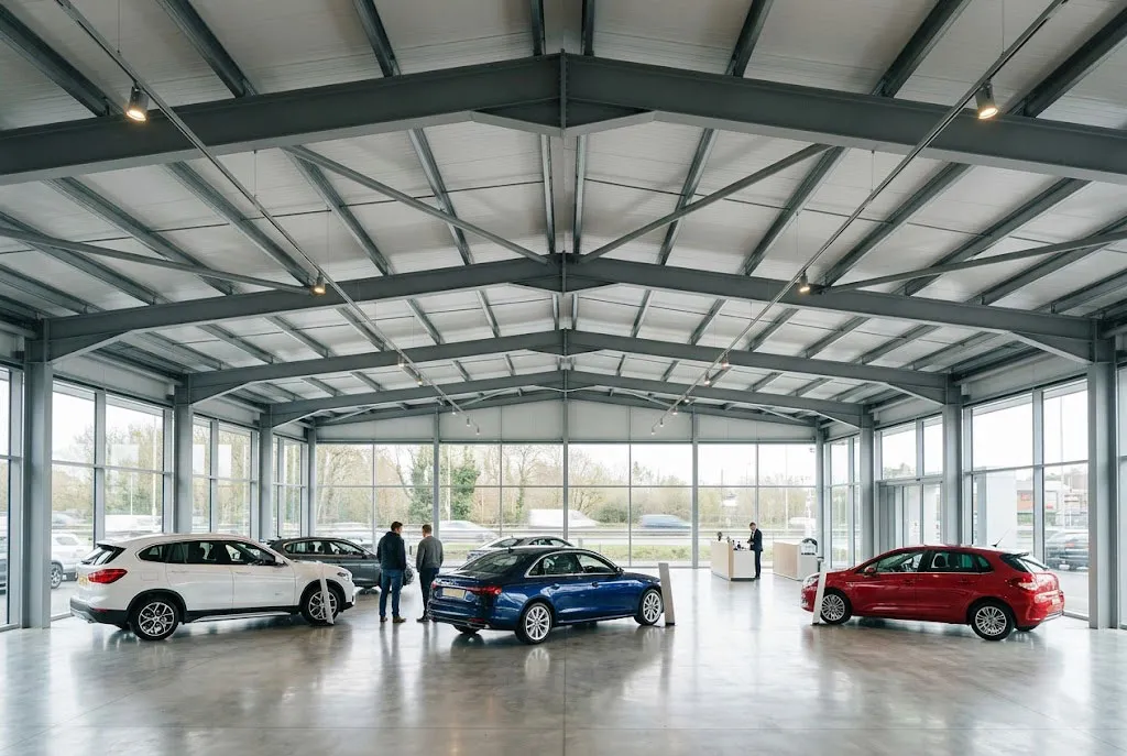 Steel structure showroom interior with open vehicle display area, exposed beams and glass walls for modern commercial presentation