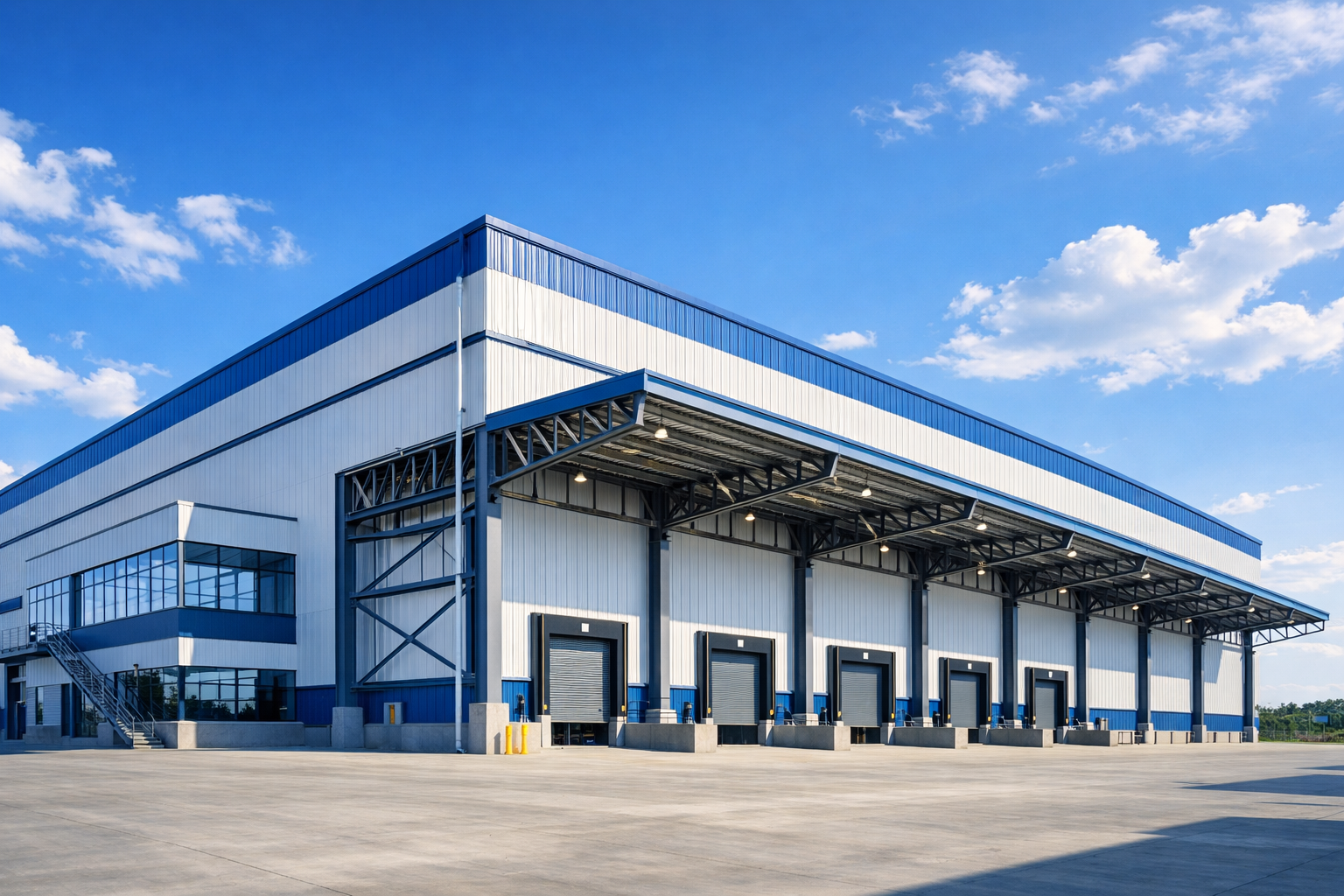 Steel structure warehouse building with multiple loading dock doors, an exterior canopy, and an attached office area.