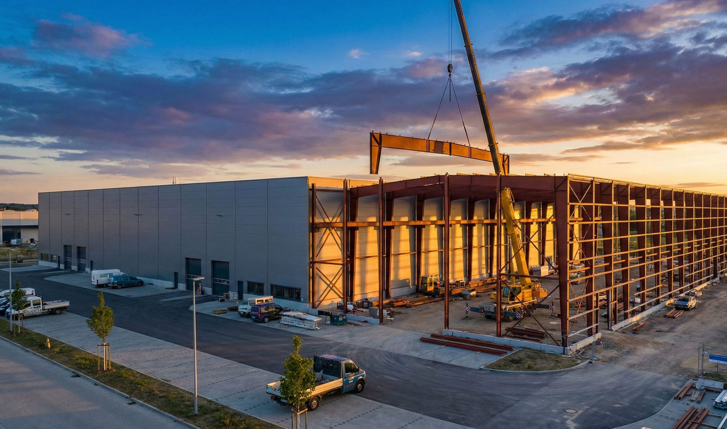 Steel structure warehouse erection with a mobile crane lifting a primary frame beside a completed industrial building.