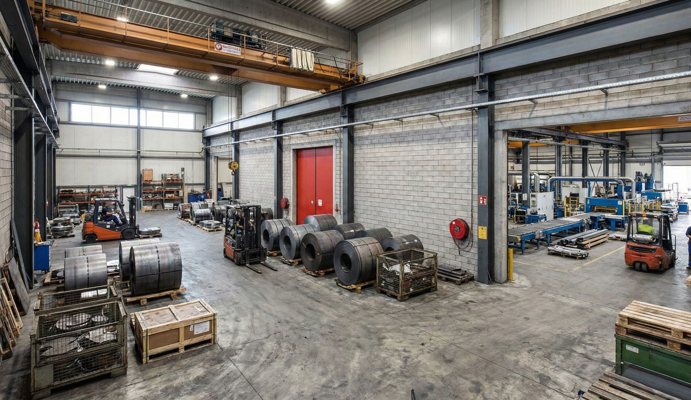 Steel structure warehouse workshop with an overhead crane, steel coil storage, forklifts, and an integrated production line.