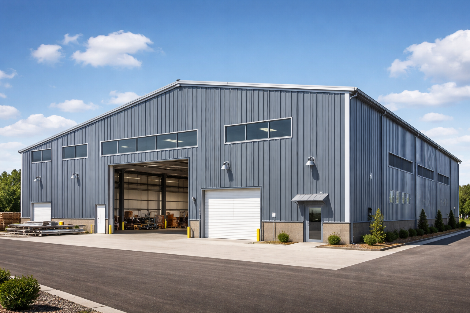 Steel structure workshop building with metal wall cladding, large industrial access bays, roller doors, and high windows.