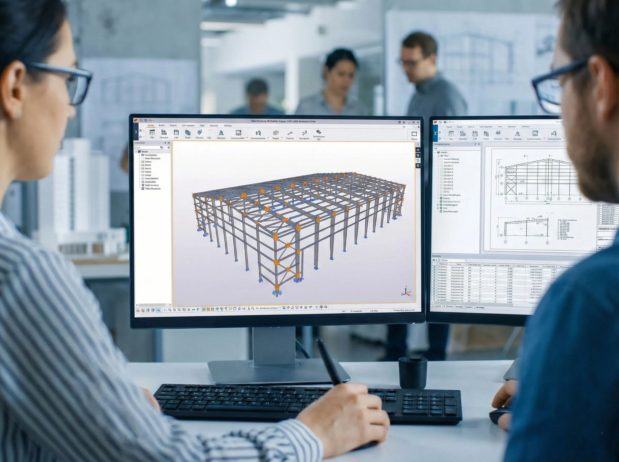 Steel structure workshop design process showing engineers reviewing a 3D steel frame model and workshop construction drawings.