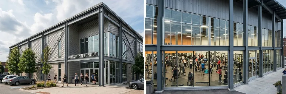 Exterior and interior views of a steel building gym with glazed walls, open training space and exposed framing.