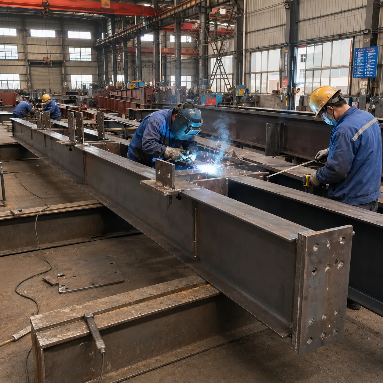 Workers welding H-section beams in a structural steel fabrication workshop for the 4,320 m² Bolivia warehouse.