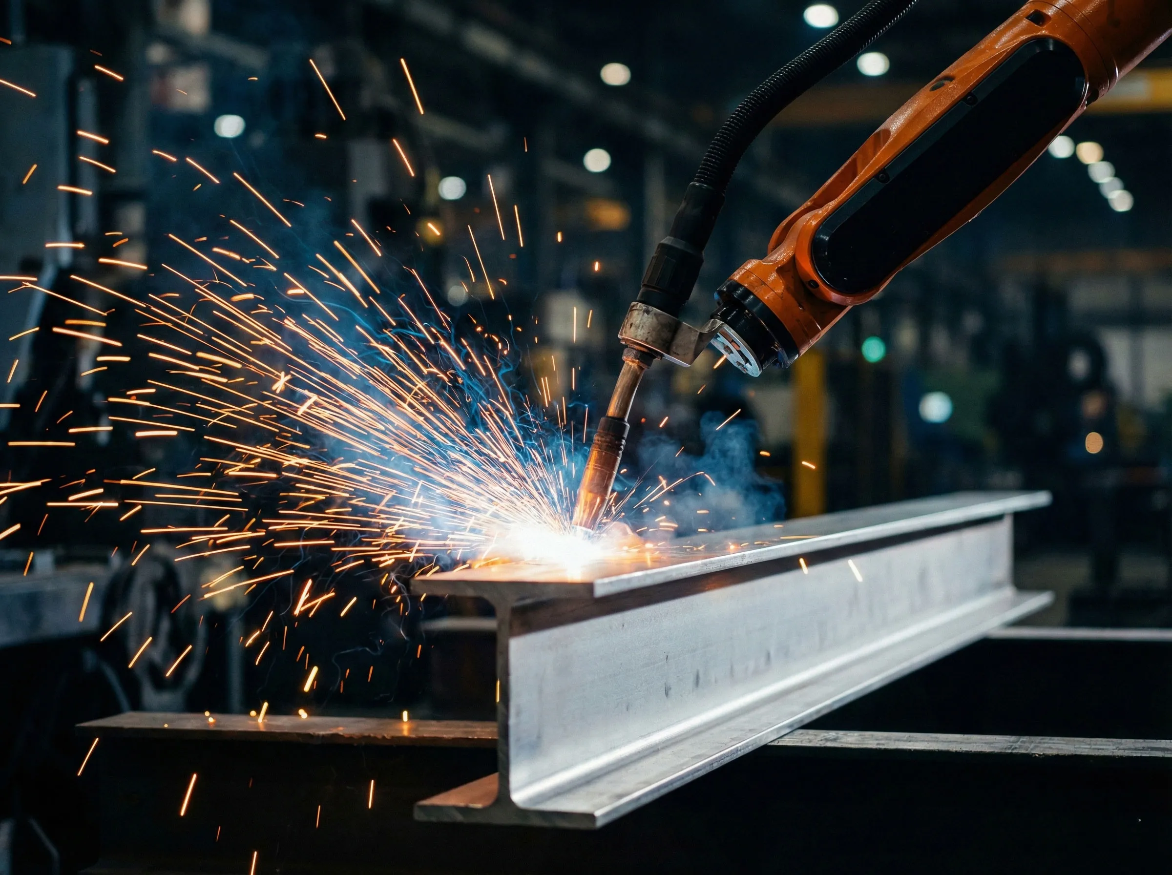 Structural steel fabrication workshop showing robotic welding of a steel beam for steel structure workshop production.