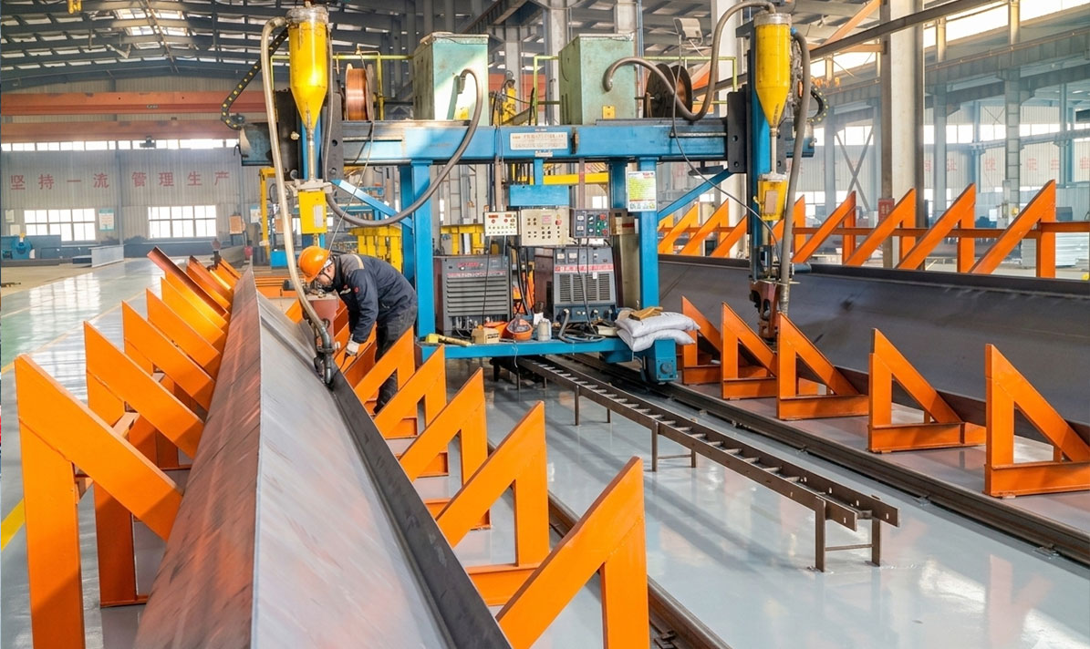 Dual-head submerged arc welding machine joining H-section steel beams inside a structural steel fabrication workshop.
