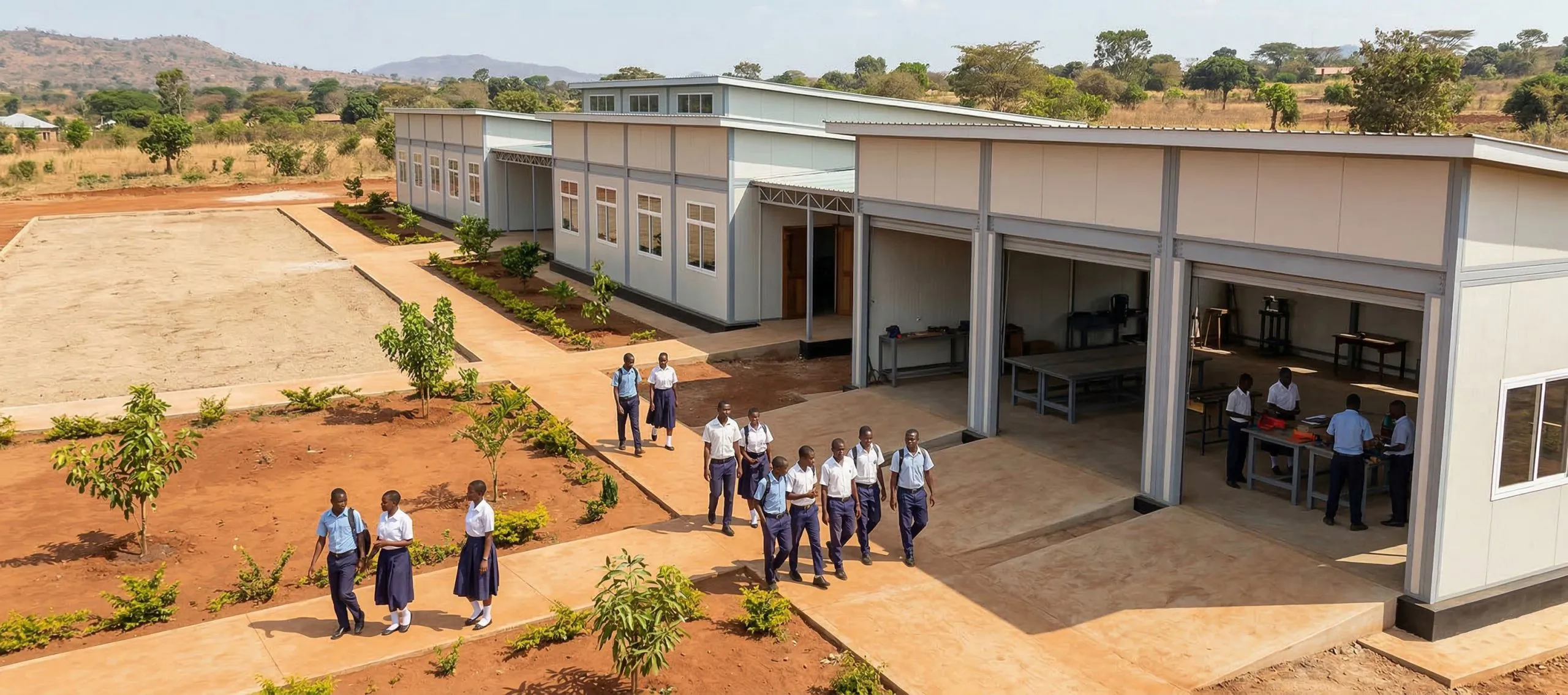 Tanzania prefabricated school building for an 8-classroom and 4-workshop technical training center, showing clear-span workshop bays, classroom blocks, steel frame structure, and students on campus.