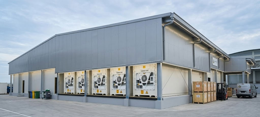 Temperature-controlled steel structure warehouse with insulated wall panels and exterior refrigeration units.