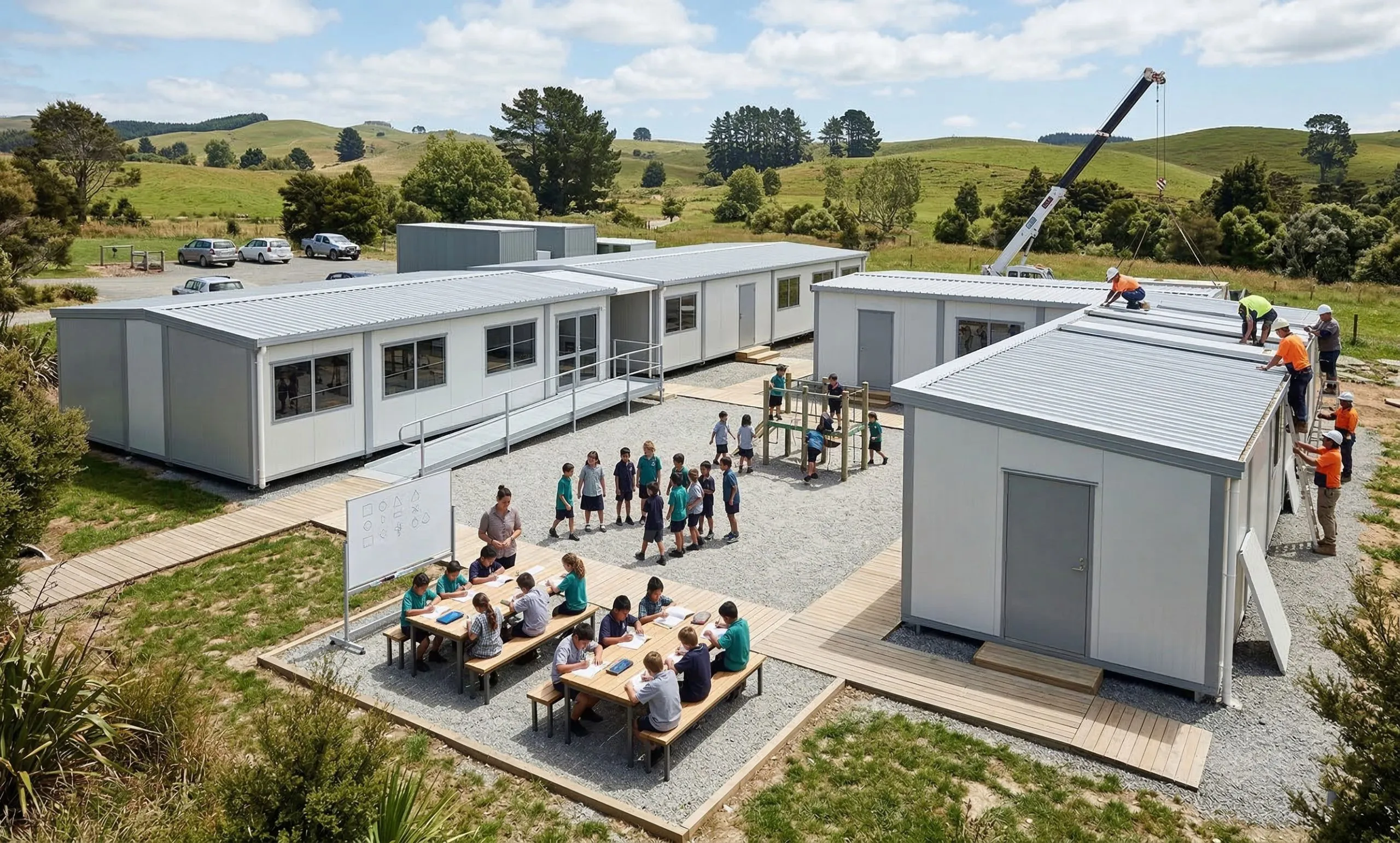 Temporary school building installation with modular classroom units, metal roof panels, crane-assisted assembly, outdoor learning space, and students using a fast-track school campus.