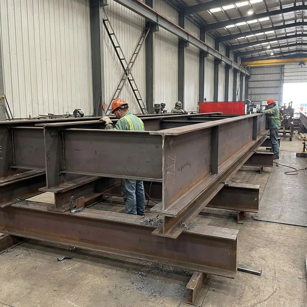 Workers check large steel beam connections during trial assembly for a prefabricated multi-storey steel building.