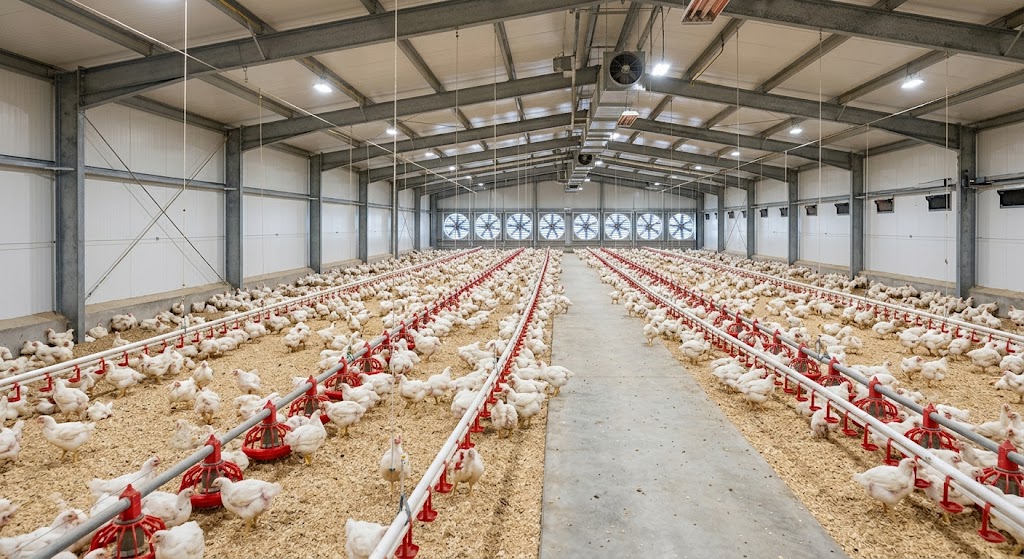 Interior of a tunnel-ventilated broiler chicken house with end-wall exhaust fans, air inlets, feeders and drinkers.