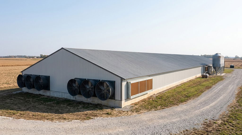Exterior of an enclosed chicken house with end-wall exhaust fans, side cooling pads and a feed silo.