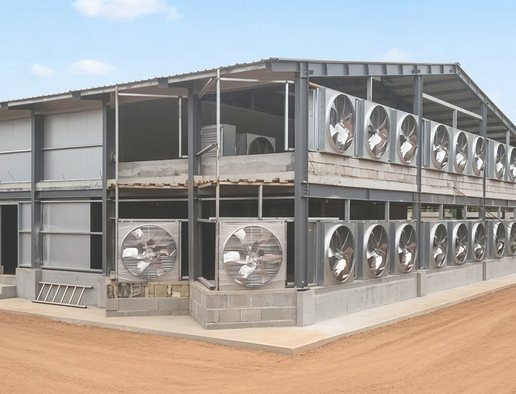 Rows of chicken house fans installed on both levels of a two-story steel poultry building under construction.