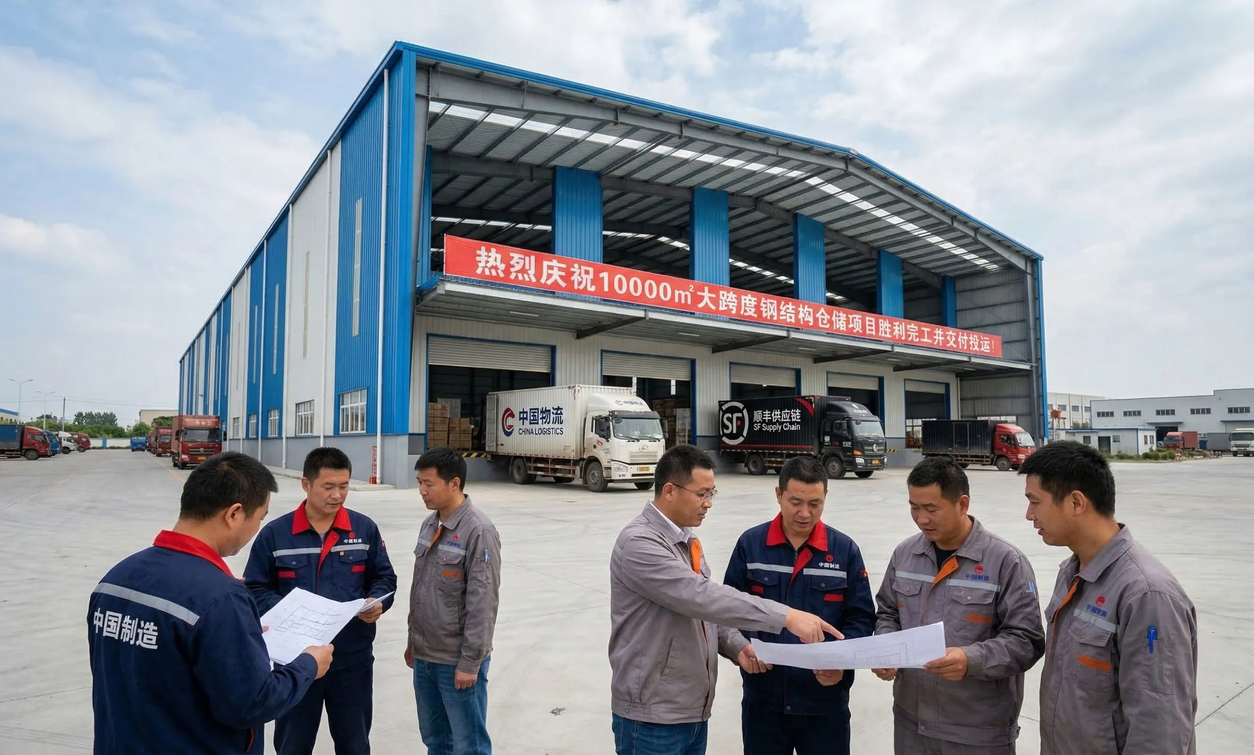 Completed 10,000 m² steel warehouse with loading bays, logistics trucks and project team in the UAE.