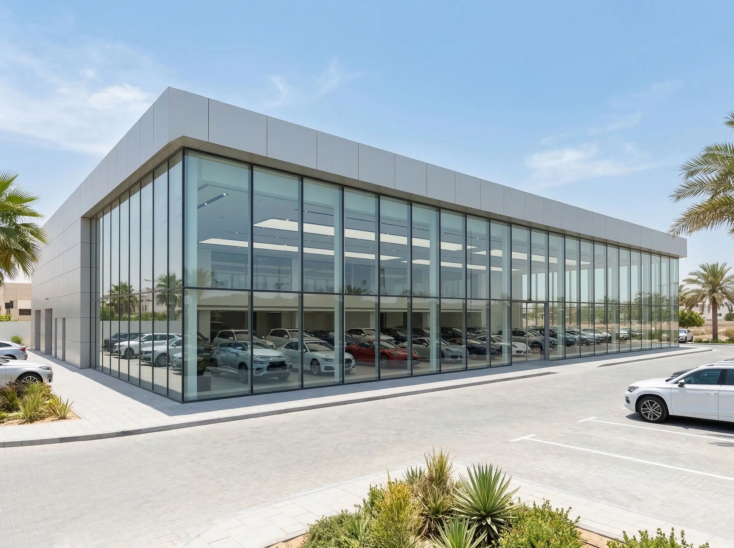 UAE steel showroom project featuring a glass facade building with vehicle display space and modern commercial architecture