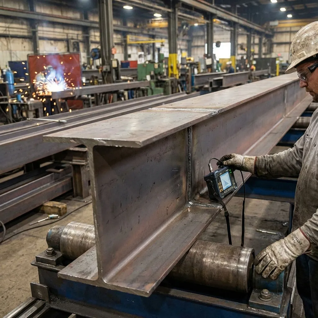 Worker uses an ultrasonic tester to inspect an H-beam weld during multi-storey steel component fabrication.