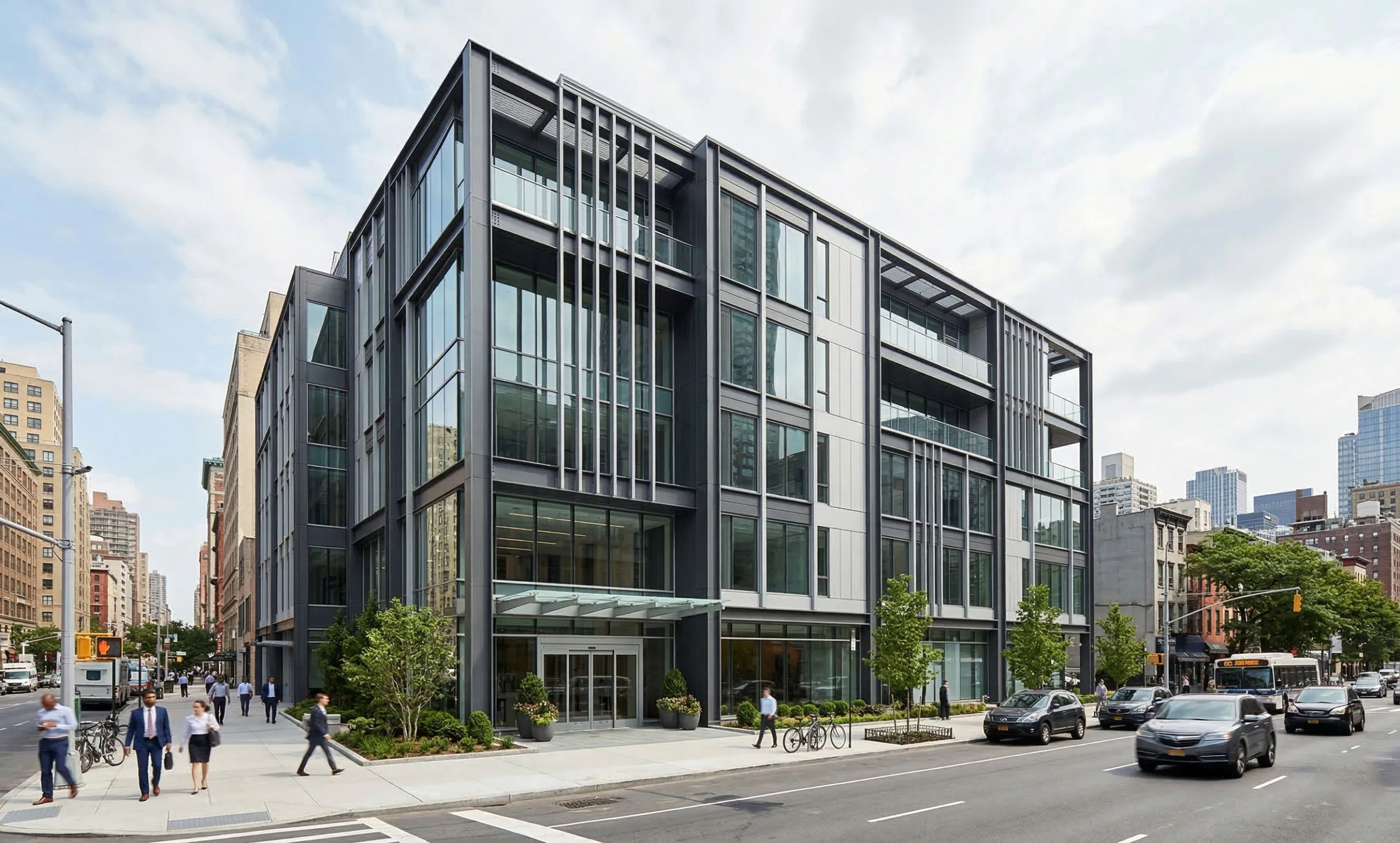 Modern steel structure commercial building with glazed facades and street-level access for urban developers.
