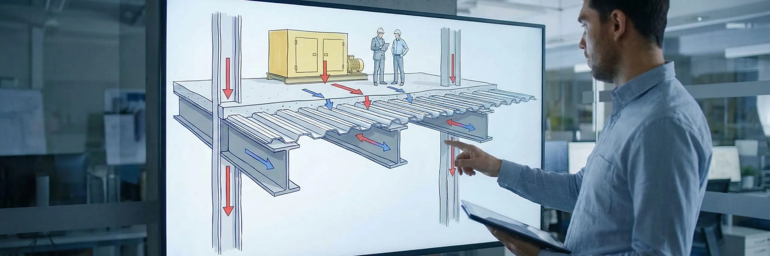 Technical staff reviews equipment load paths through steel decking, beams and columns in a multi-storey floor system.