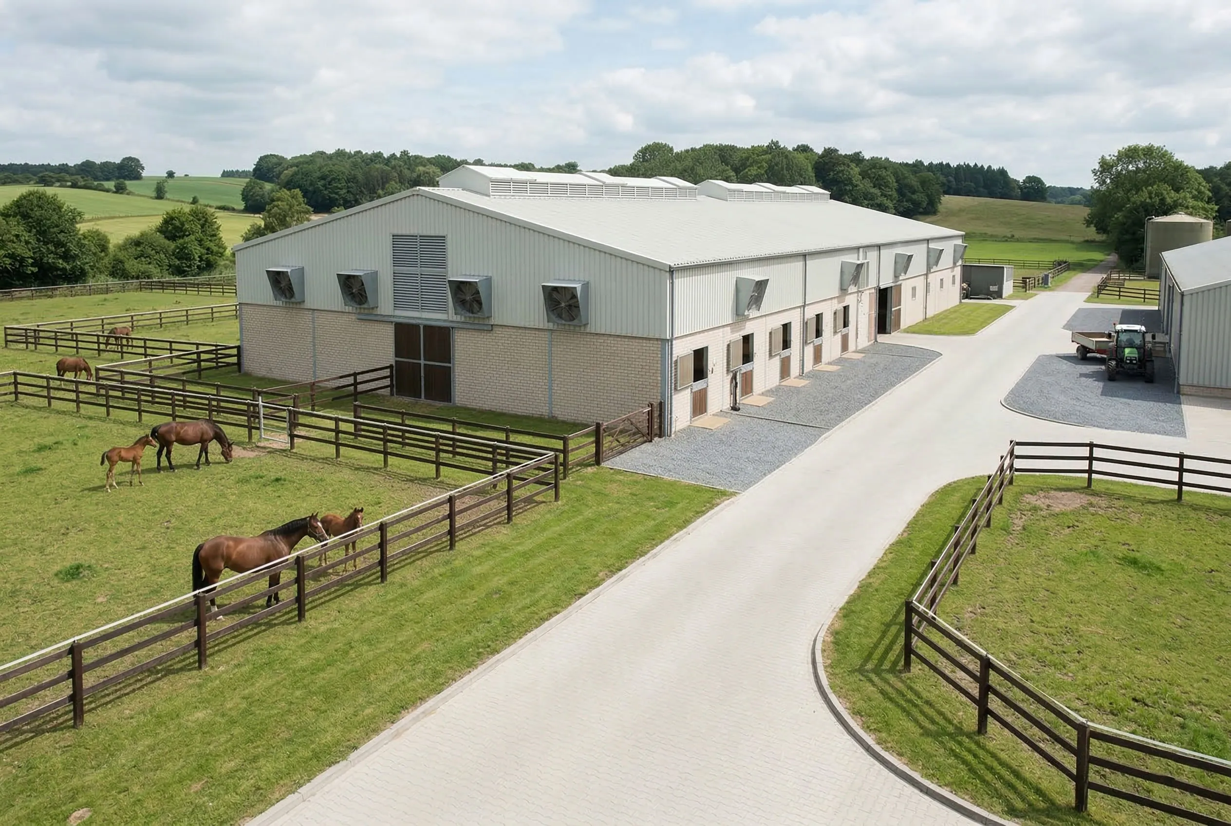 Fans for horse barns installed on a large metal stable building with roof ventilation, steel wall panels, fenced paddocks, and horse farm access roads.