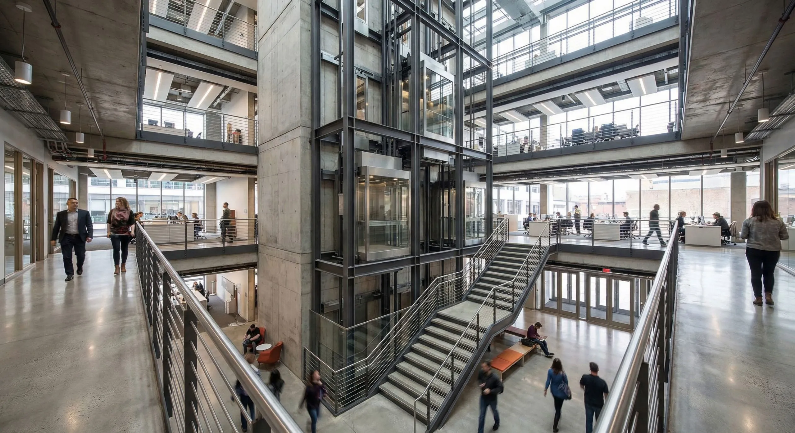 Multi-storey steel-frame building interior with a central glass elevator, steel staircases and open walkways connecting different levels.