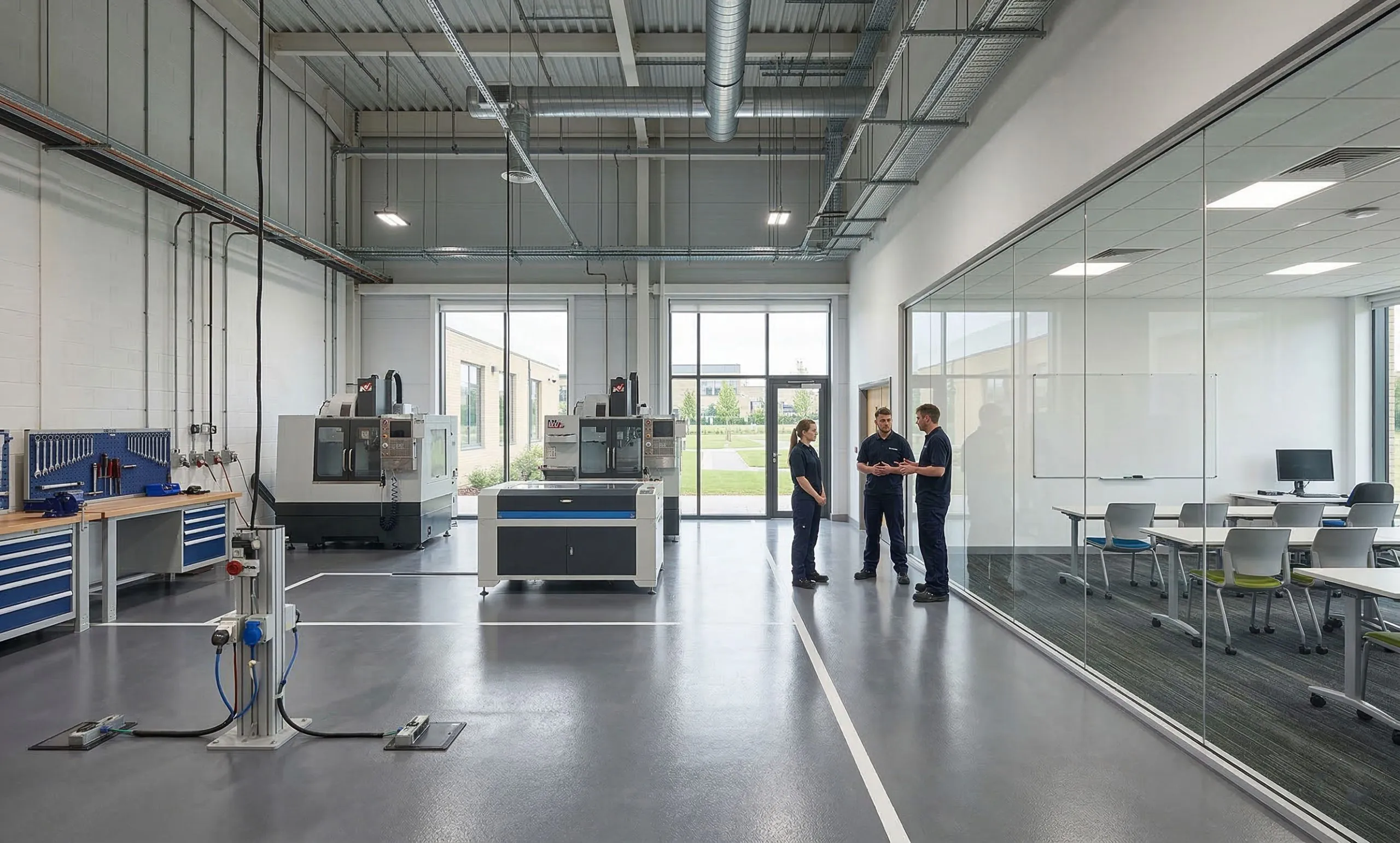 Vocational school building interior with technical workshop equipment, heavy-duty floor, exposed utility infrastructure, ventilation ducts, and an adjacent classroom training area.
